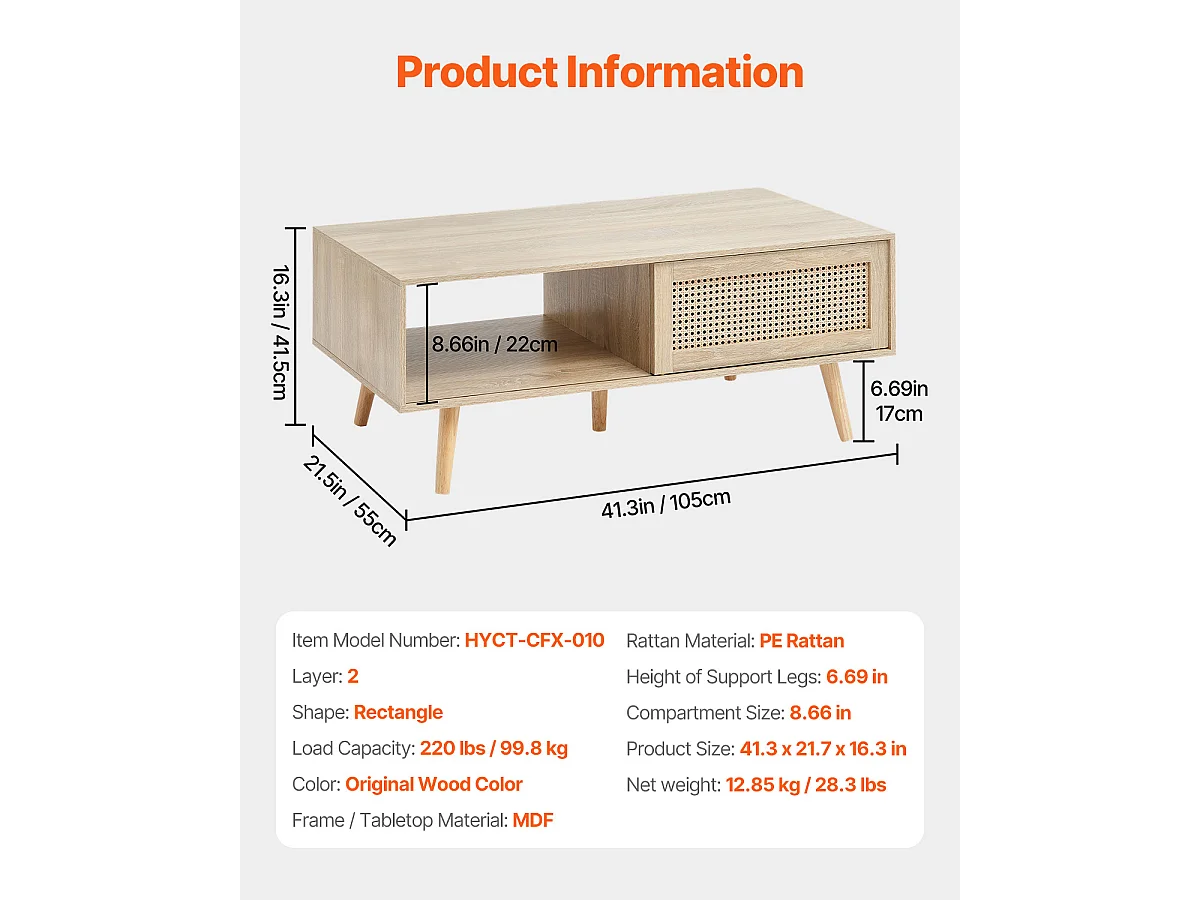 Beistelltisch SucceBuy aus Rattan von 107cm mit 2 Ebenen für Wohnzimmer und Schlafzimmer, Aufbewahrung mit 2 Ebenen im Bohème-Stil, für Schlafzimmer