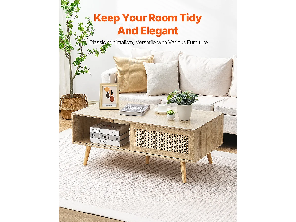 Beistelltisch SucceBuy aus Rattan von 107cm mit 2 Ebenen für Wohnzimmer und Schlafzimmer, Aufbewahrung mit 2 Ebenen im Bohème-Stil, für Schlafzimmer