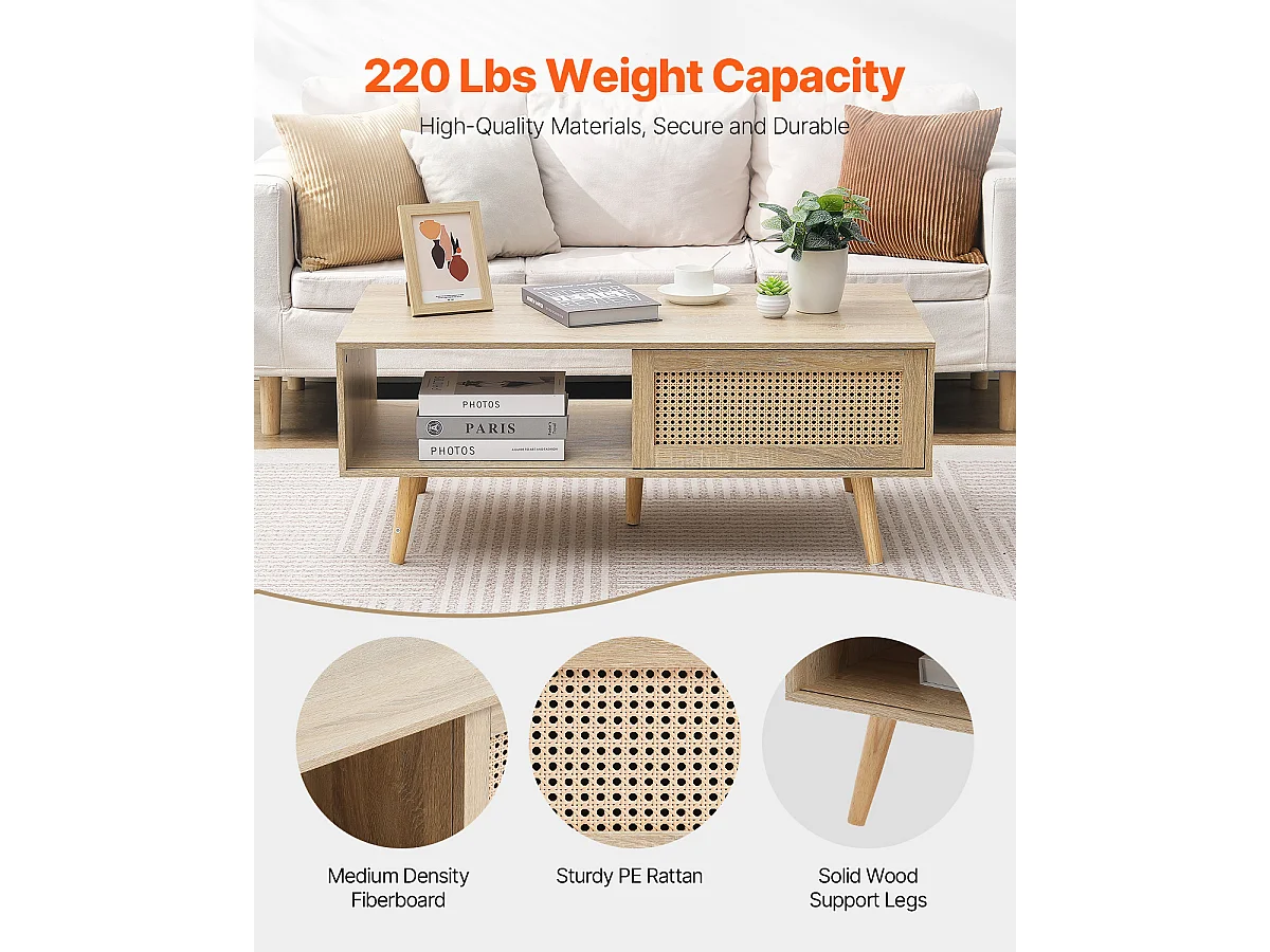 Beistelltisch SucceBuy aus Rattan von 107cm mit 2 Ebenen für Wohnzimmer und Schlafzimmer, Aufbewahrung mit 2 Ebenen im Bohème-Stil, für Schlafzimmer