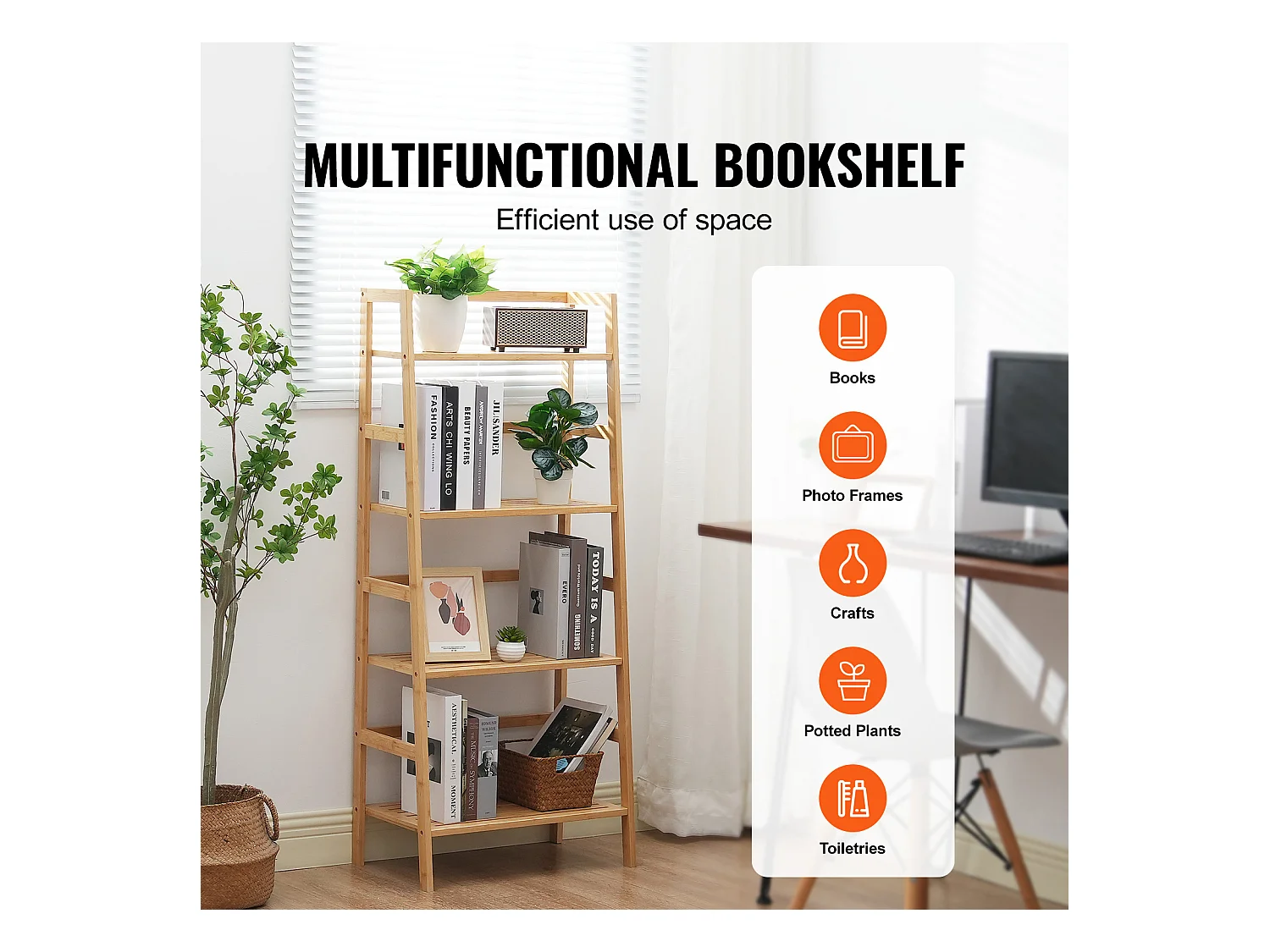 Estante SucceBuy de Bambú a 4 Niveles Estante de Almacenamiento en Escalera Trapezoidal para Baño, Dormitorio, Oficina, Estudio, Madera Natural