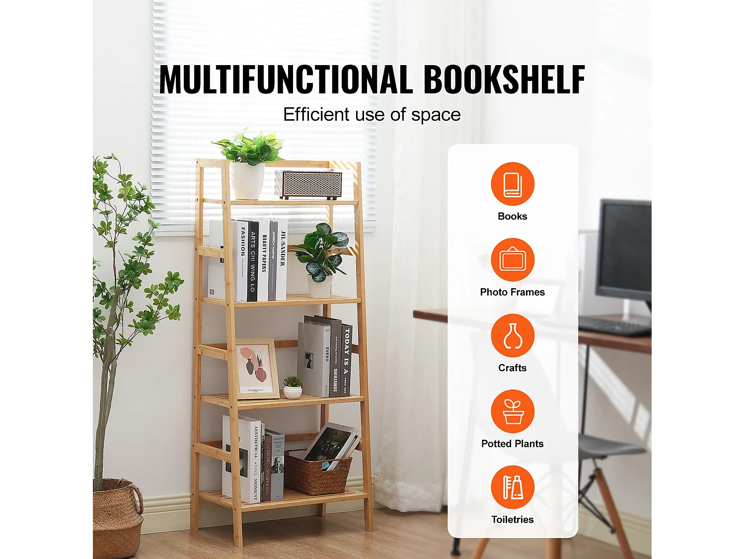 Étagère SucceBuy en Bambou à 4 Niveaux Étagère de Rangement à Échelle Trapézoïdale pour Salle de Bain, Chambre, Bureau, Étude, Bois Naturel