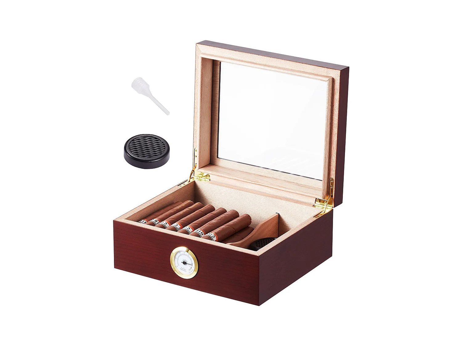 Boîte à Cigares SucceBuy en Cèdre avec Dessus en Verre 50 Cigares avec Hygromètre et Humidificateur