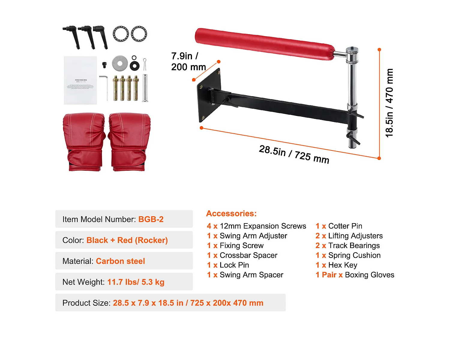 Sac de Frappe SucceBuy, Barre de Boxe Murale Réglable avec Gants Rouge, pour Exercice à Domicile, Soulagement du Stress et Fitness