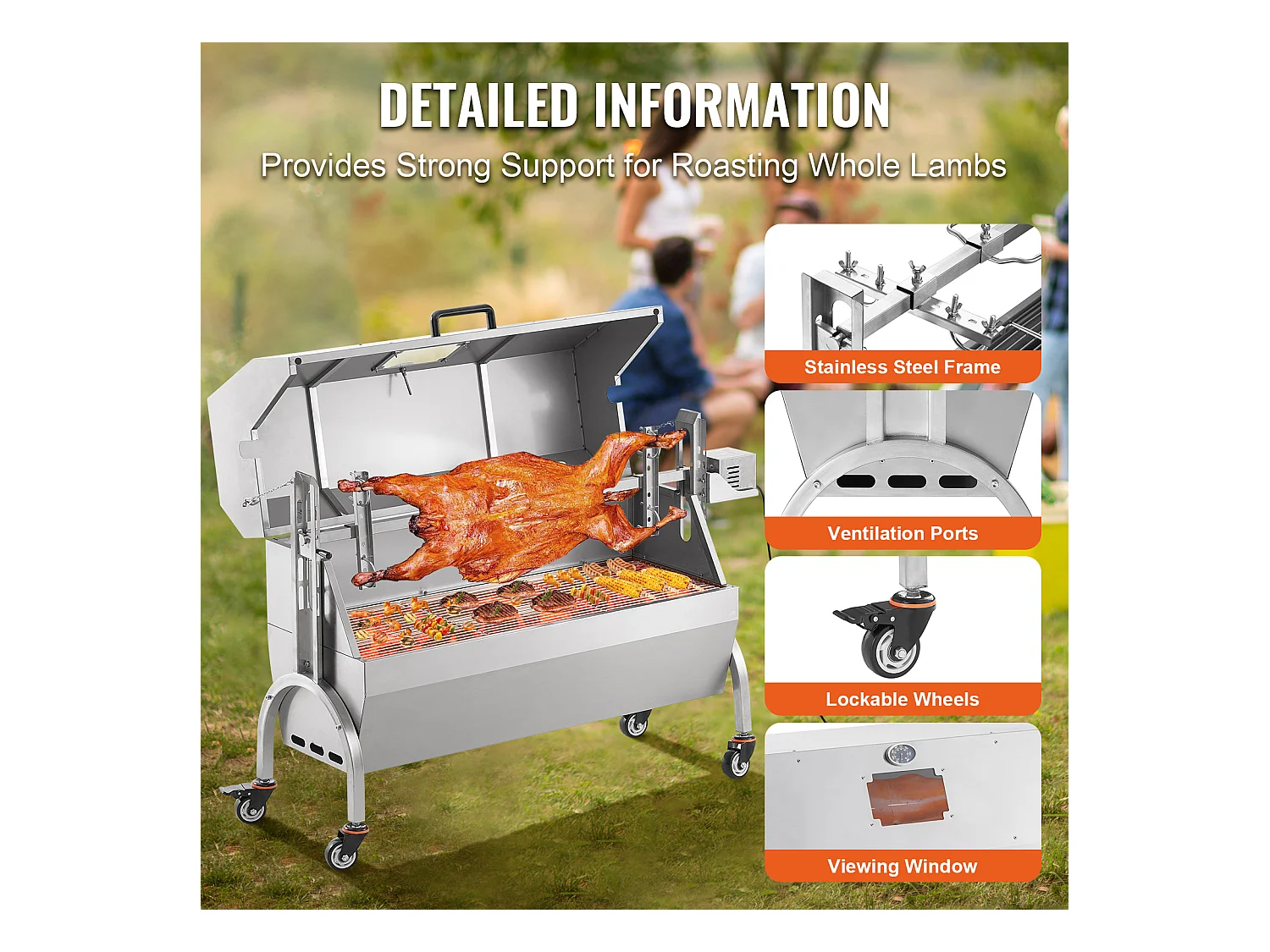 Barbecue à Rôtisserie SucceBuy 52 W Roaster Spit Rotisserie BBQ Grill Porc Agneau Poulet 60 kg Acier Inoxydable