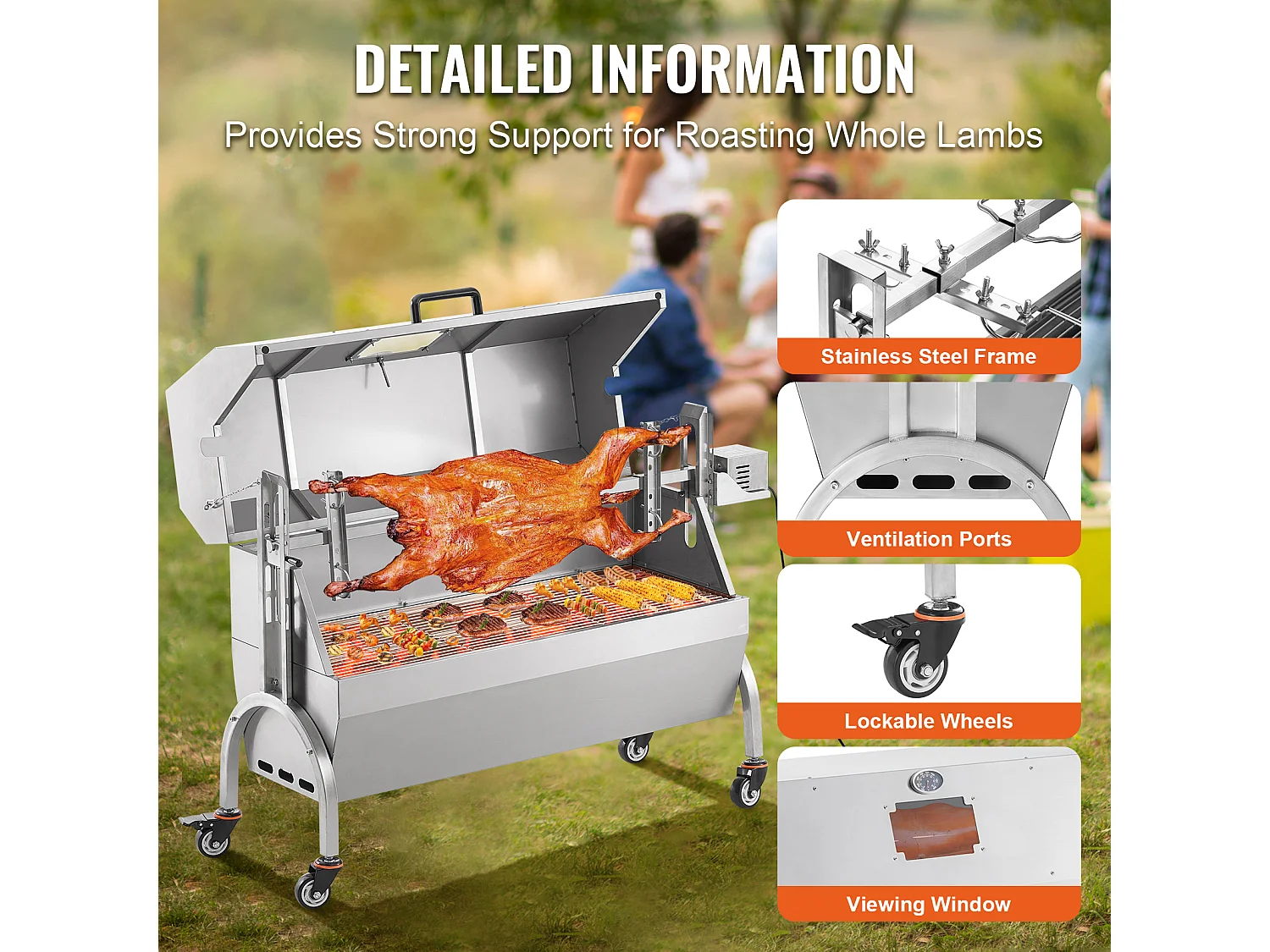 Barbecue à Rôtisserie SucceBuy 52 W Roaster Spit Rotisserie BBQ Grill Porc Agneau Poulet 60 kg Acier Inoxydable