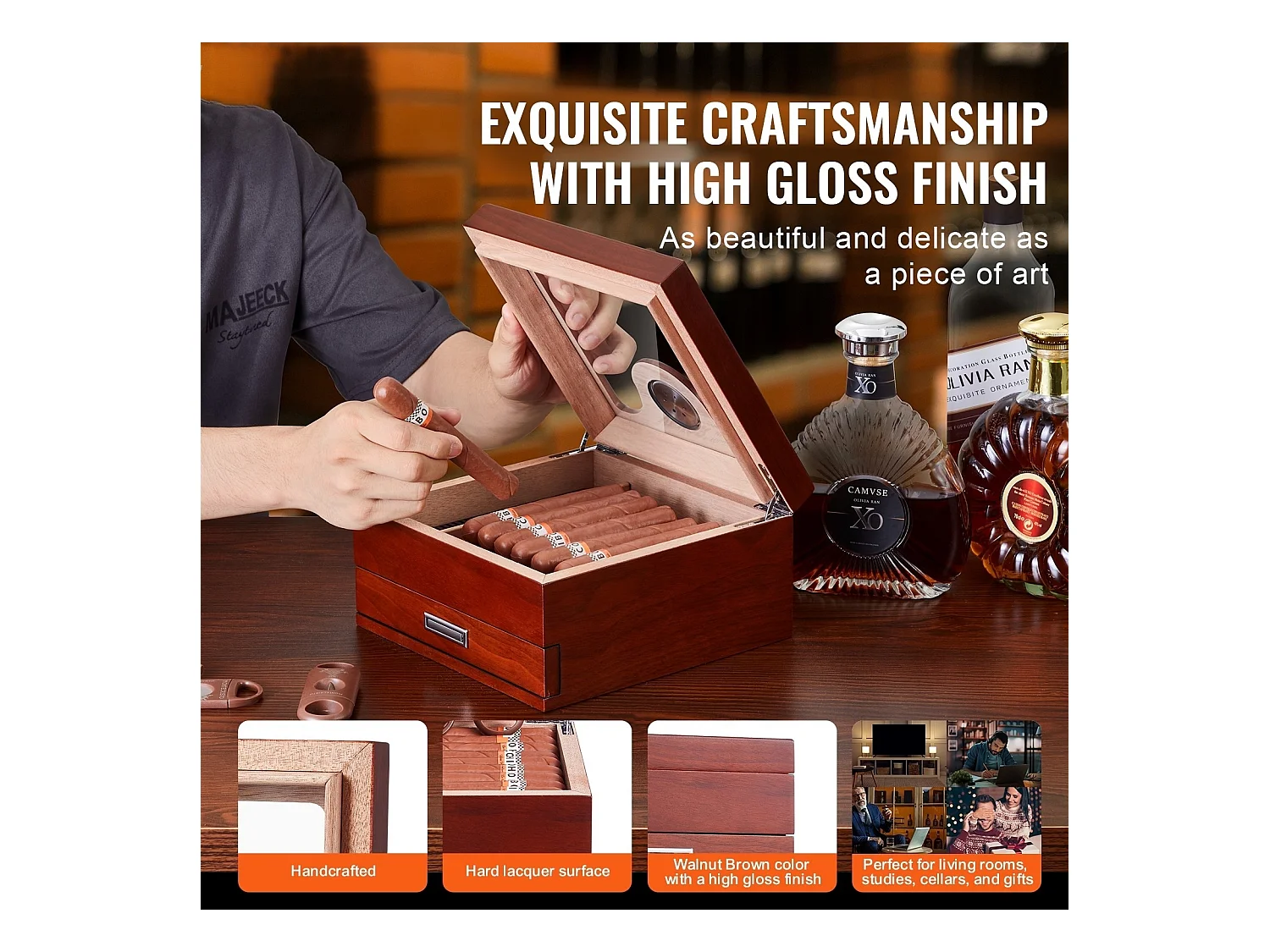 Zigarrenkiste SucceBuy 35 Zigarren Humidor mit Glastablett aus Zedernholz mit Hygrometer und Schublade