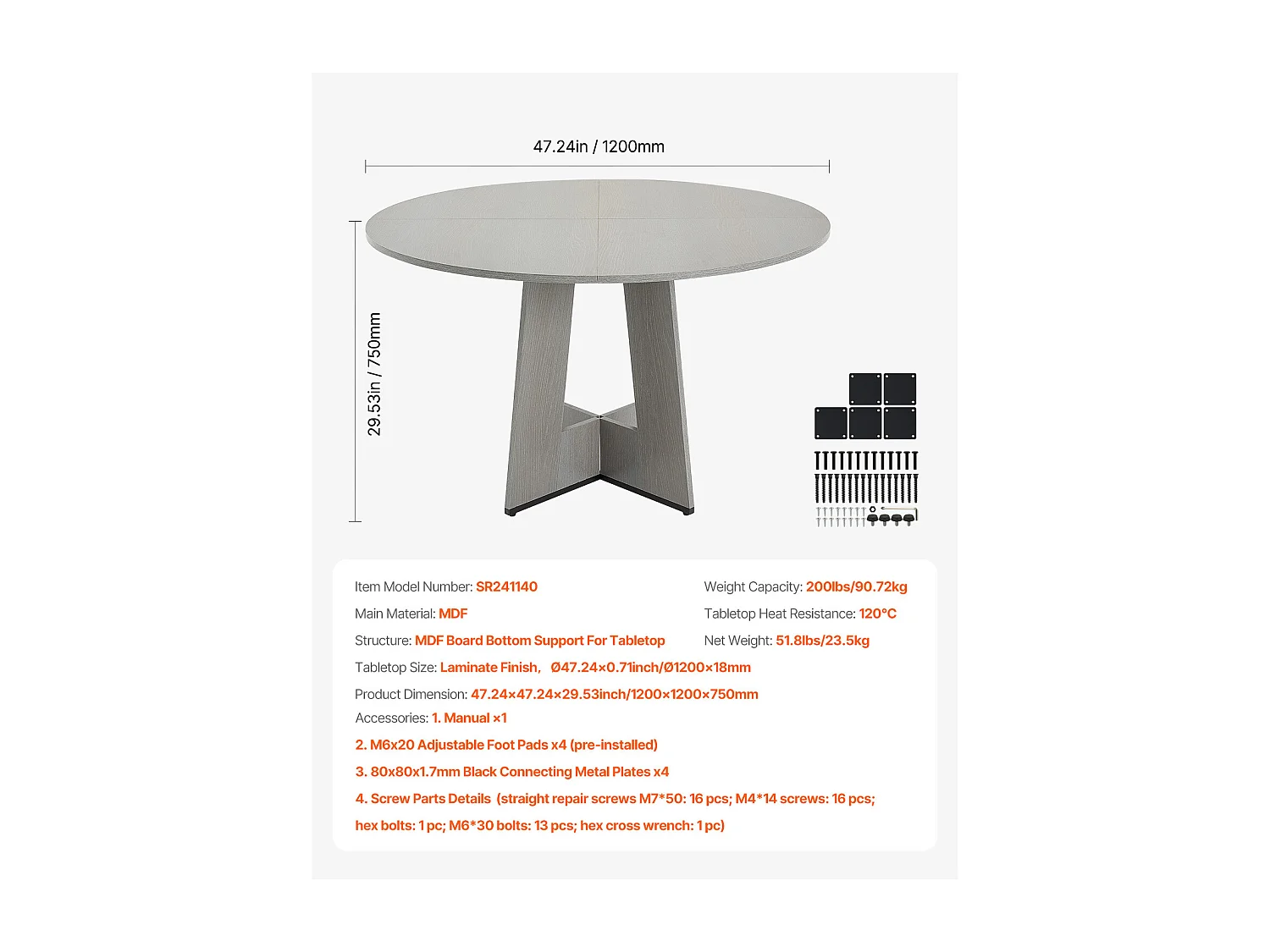 Ensemble Table SucceBuy Table Ronde en Bois de 119 cm pour 2 à 4 Personnes (Table Uniquement), Mobilier Circulaire Rustique avec Pieds en Bois Épais