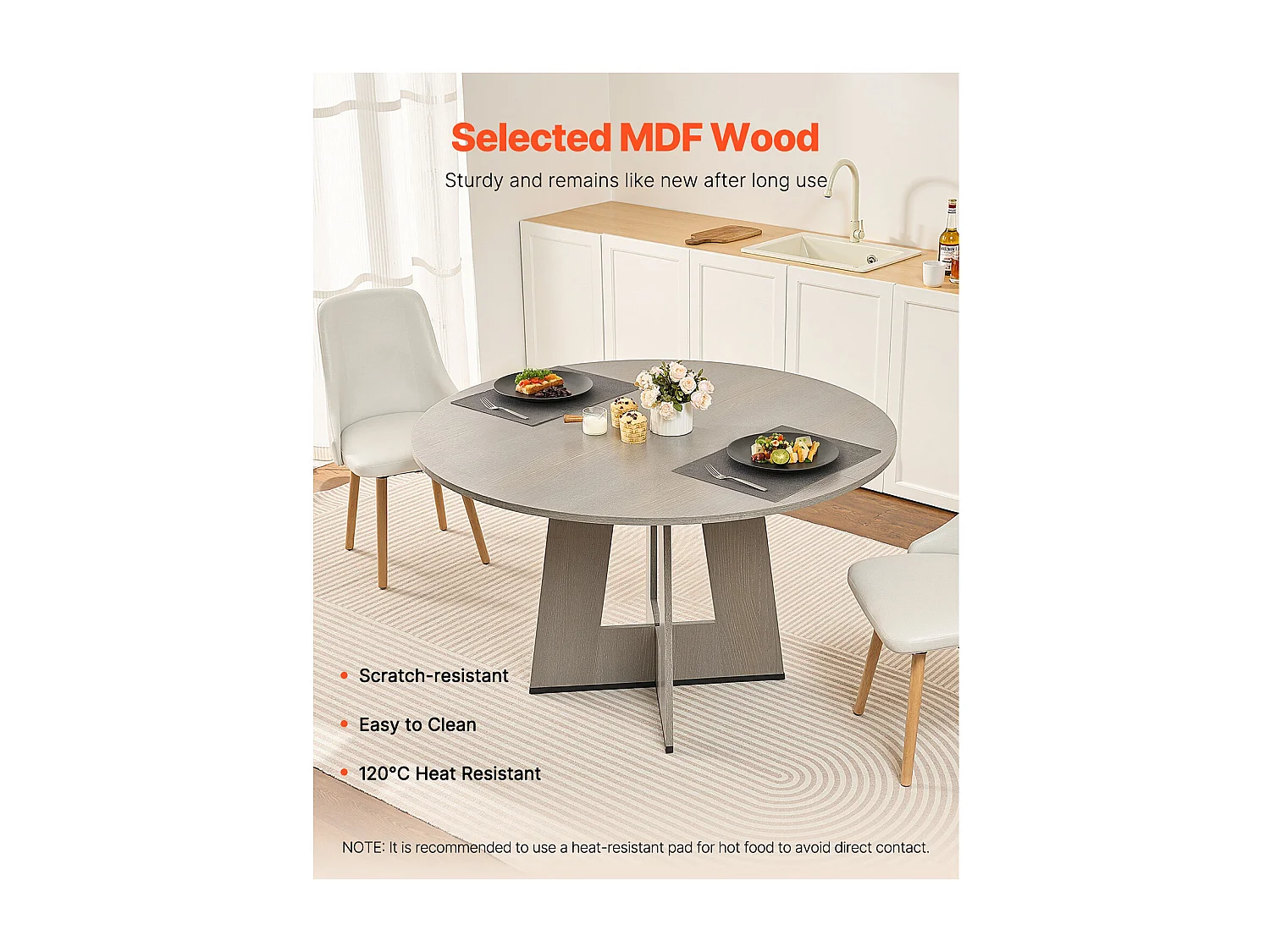 Ensemble Table SucceBuy Table Ronde en Bois de 119 cm pour 2 à 4 Personnes (Table Uniquement), Mobilier Circulaire Rustique avec Pieds en Bois Épais