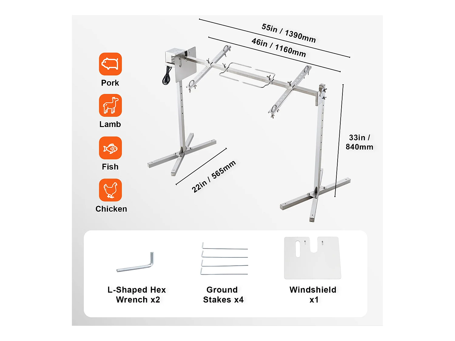 Barbecue à Rôtisserie SucceBuy Kit de Rôtisserie pour Barbecue Électrique de 117 cm, Gril en Acier Inoxydable de 60 kg pour Porc et Agneau