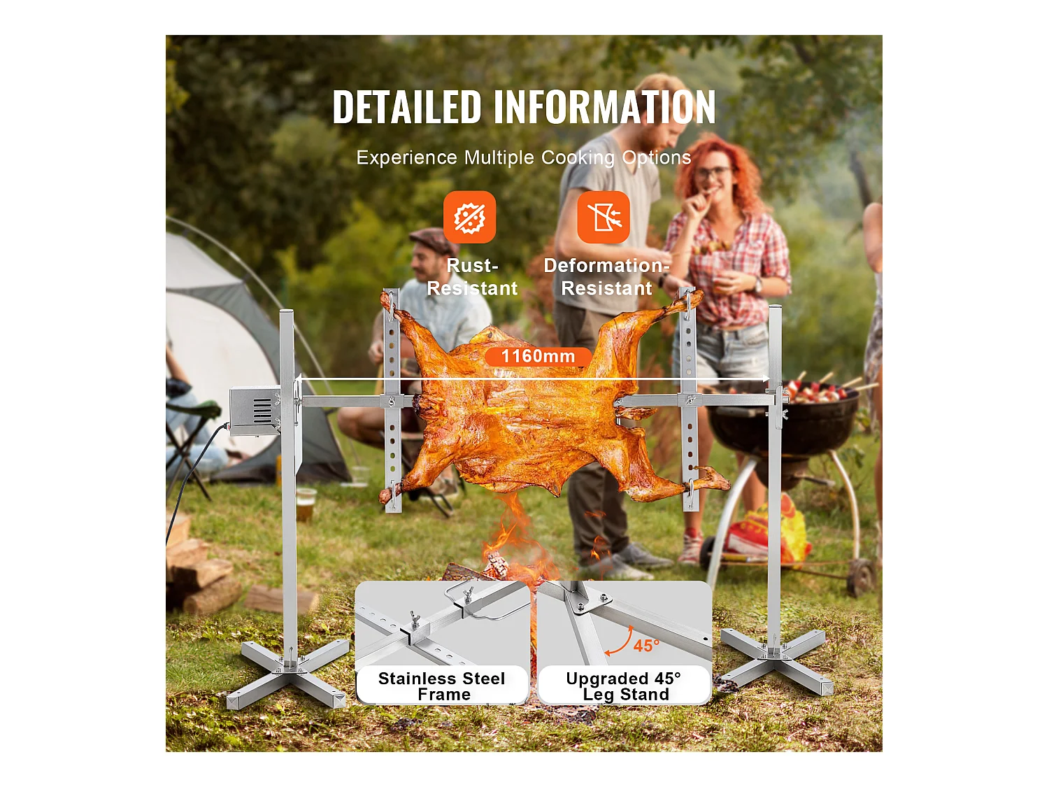 Barbecue à Rôtisserie SucceBuy Kit de Rôtisserie pour Barbecue Électrique de 117 cm, Gril en Acier Inoxydable de 60 kg pour Porc et Agneau