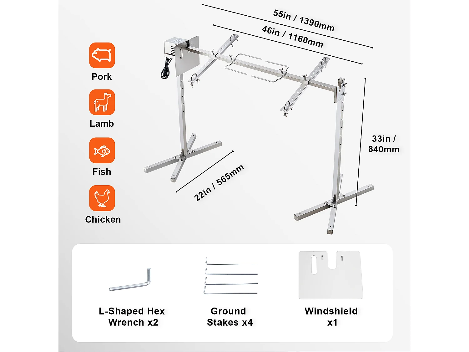 Barbecue à Rôtisserie SucceBuy Kit de Rôtisserie pour Barbecue Électrique de 117 cm, Gril en Acier Inoxydable de 60 kg pour Porc et Agneau