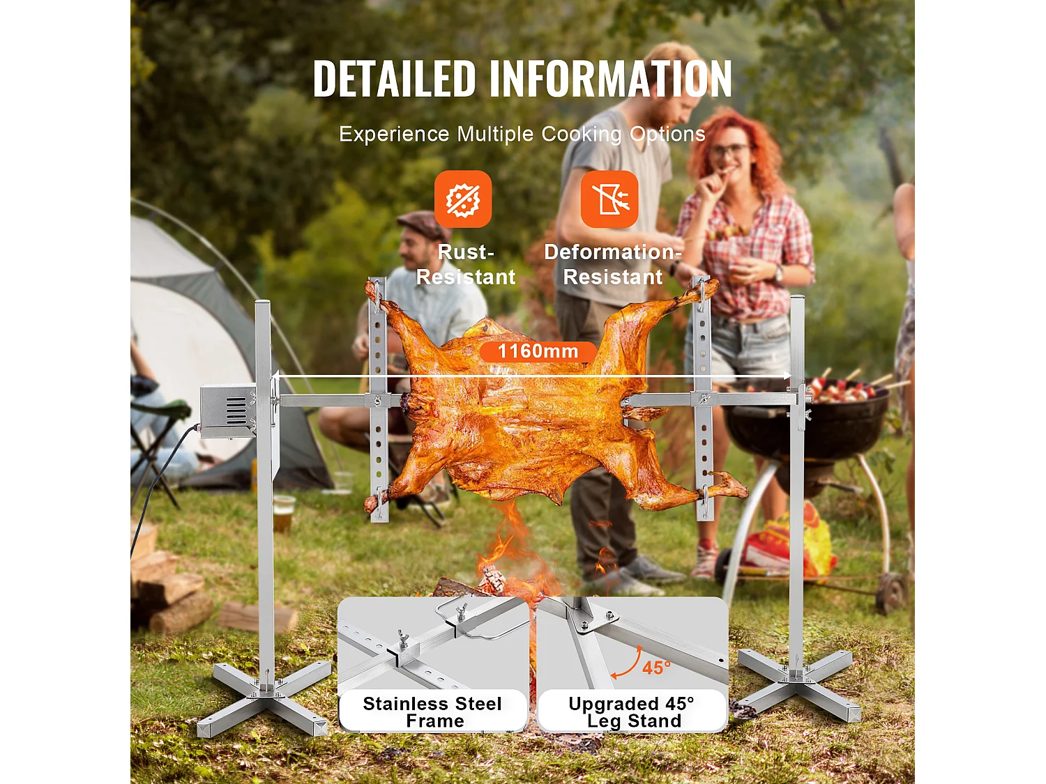 Barbecue à Rôtisserie SucceBuy Kit de Rôtisserie pour Barbecue Électrique de 117 cm, Gril en Acier Inoxydable de 60 kg pour Porc et Agneau