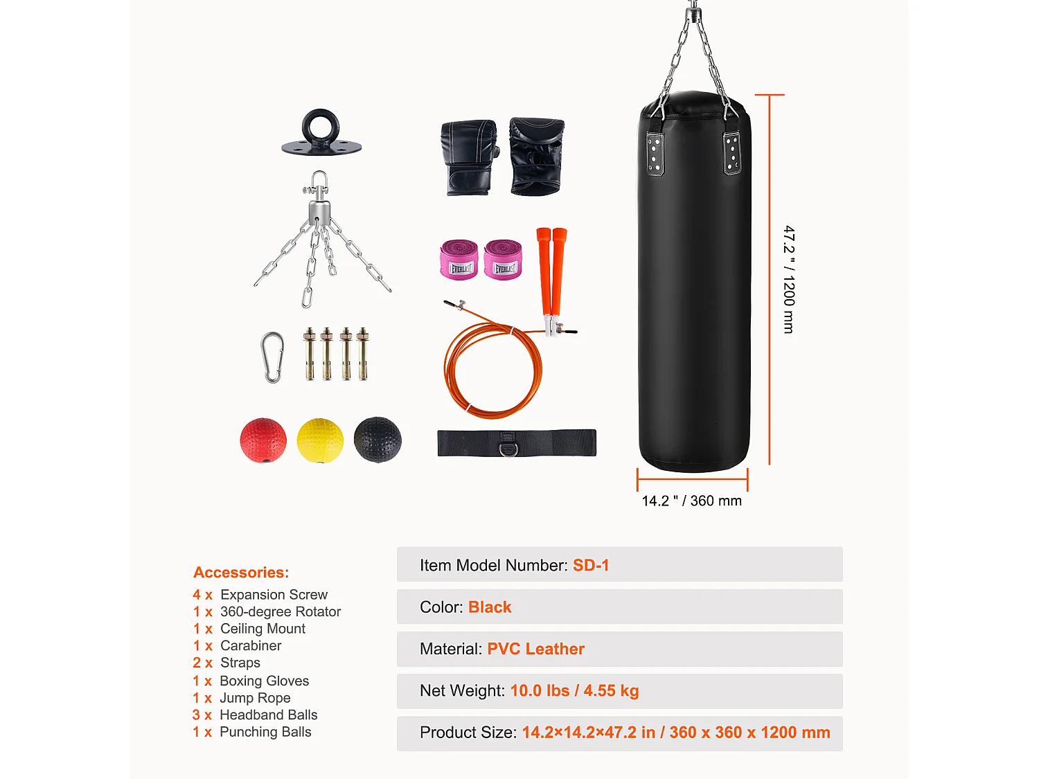 Saco de Pancada SucceBuy, Saco de Suspensão Durável em PVC Pesado de 1,2 m, para Exercício em Casa, Alívio do Estresse e Fitness