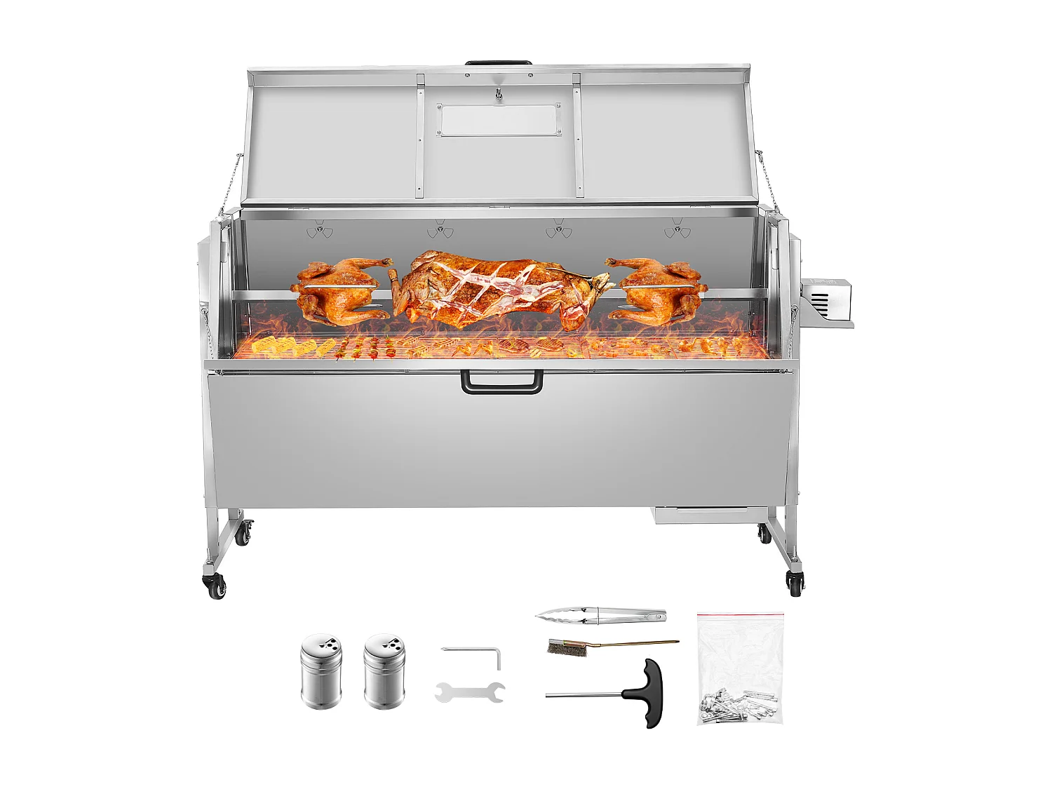 Barbecue con Girarrosto SucceBuy Maialino da Latte con Girarrosto per Agnello e Pollo, 130 kg, 60 W, Acciaio Inox