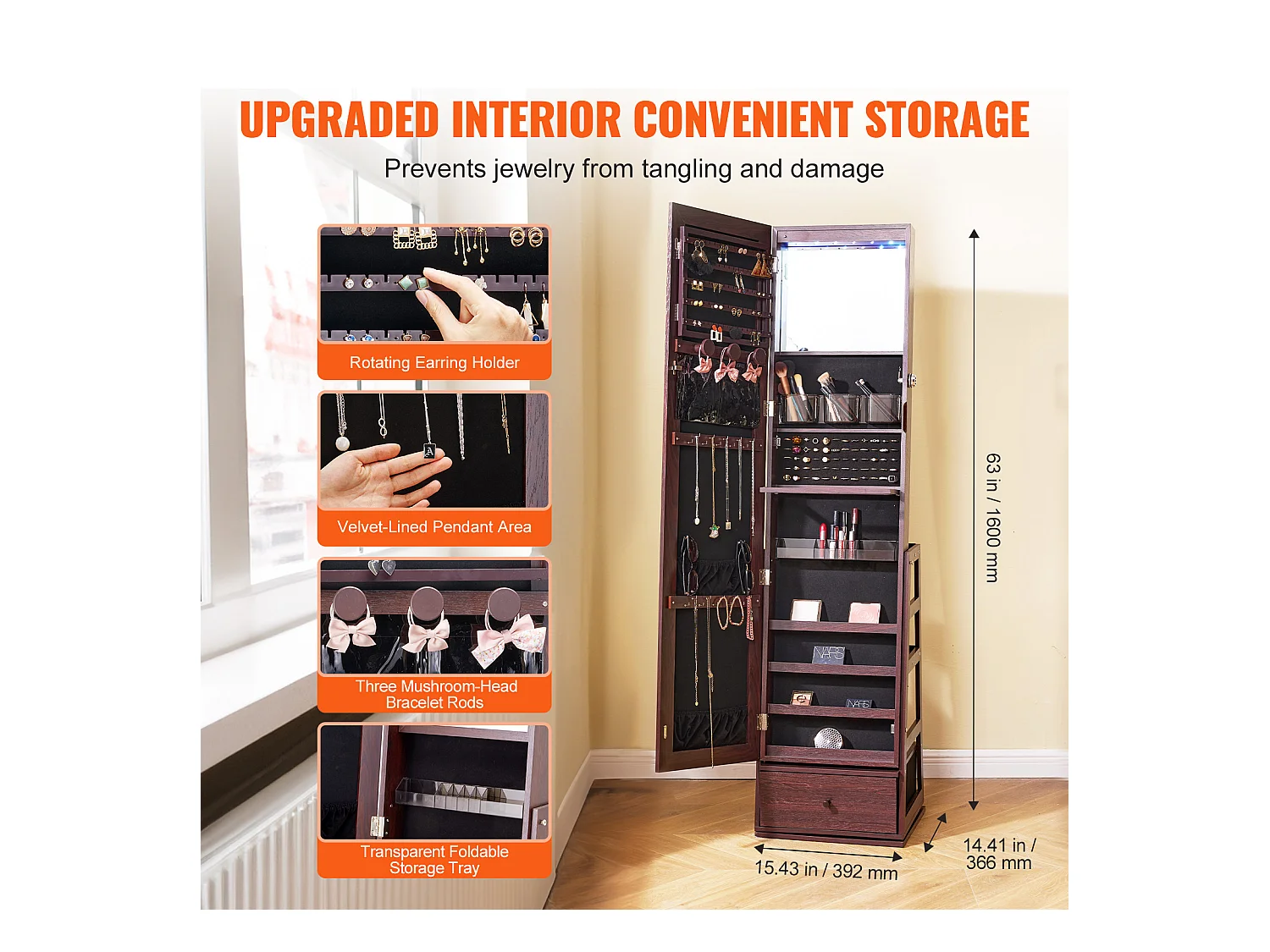 Armoire à Bijoux sur Pied Rotatif à 360° SucceBuy Rangement Marron, Verrouillable, Doublure en Velours, LED, Tiroir, Blanc, Organisateur Autonome