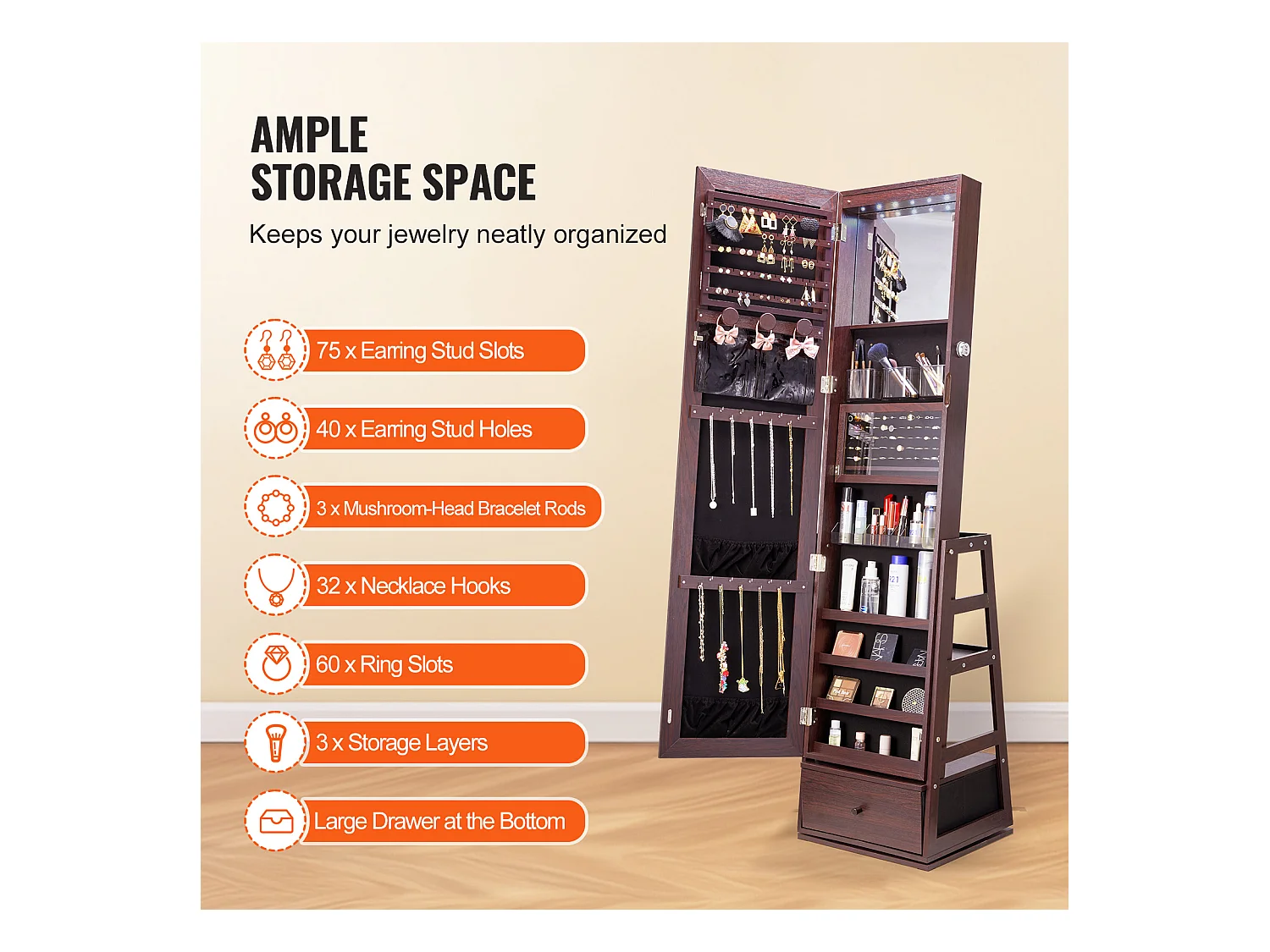 Armoire à Bijoux sur Pied Rotatif à 360° SucceBuy Rangement Marron, Verrouillable, Doublure en Velours, LED, Tiroir, Blanc, Organisateur Autonome