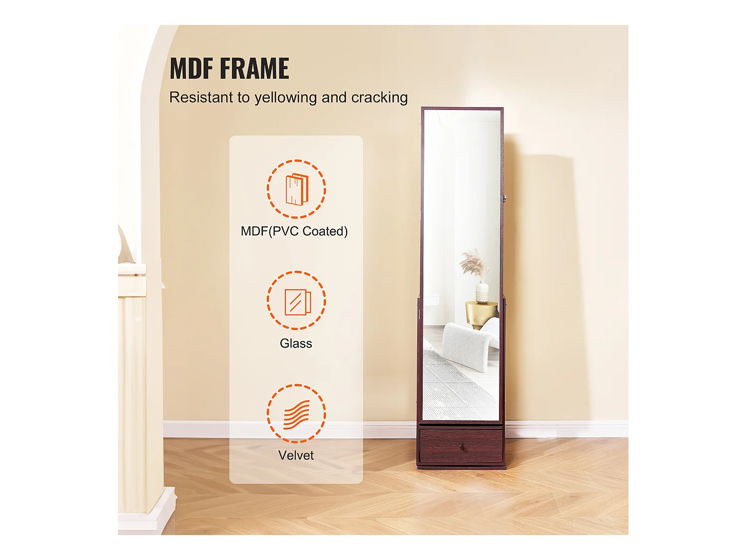 Armoire à Bijoux sur Pied Rotatif à 360° SucceBuy Rangement Marron, Verrouillable, Doublure en Velours, LED, Tiroir, Blanc, Organisateur Autonome