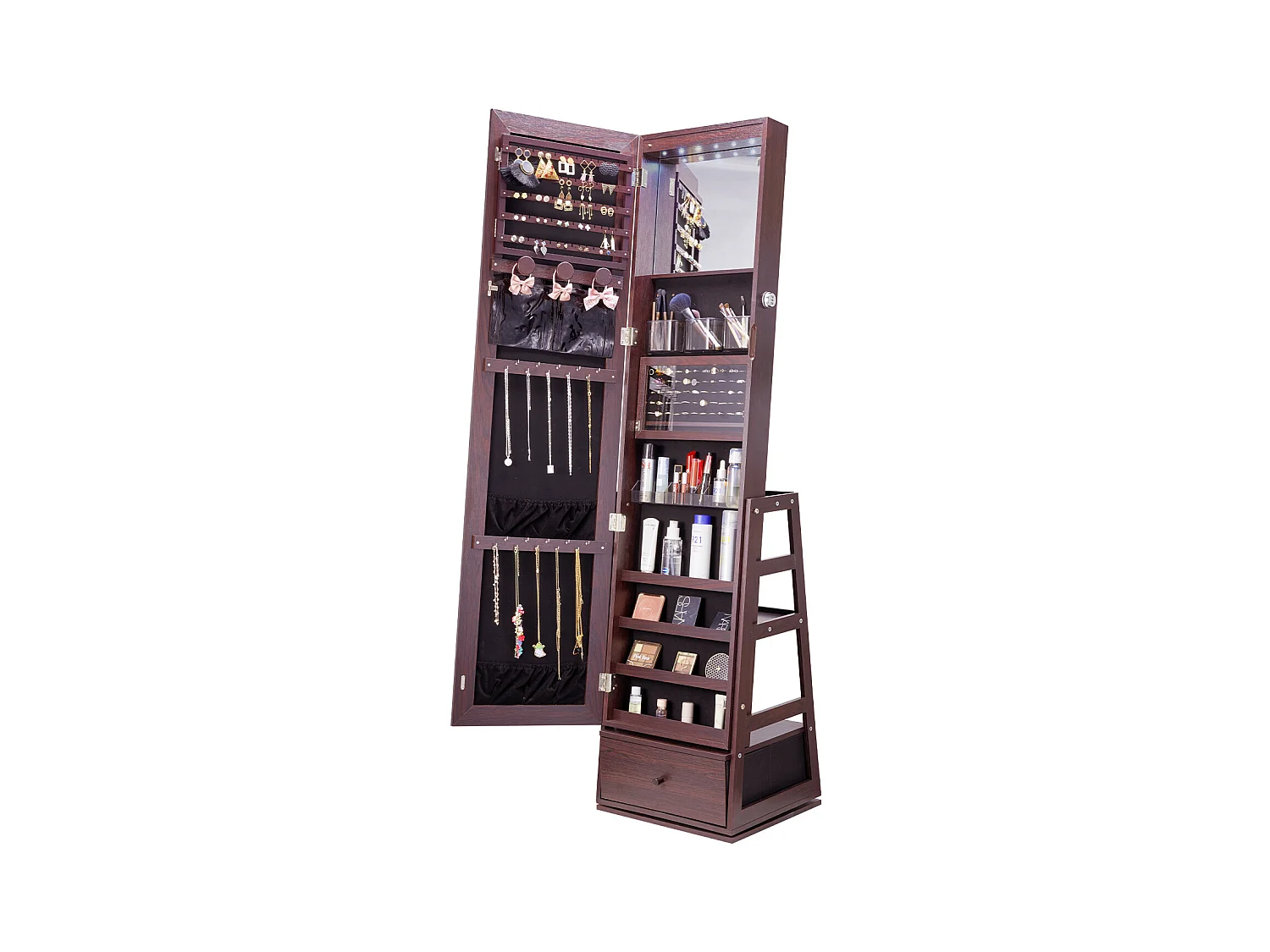 Armoire à Bijoux sur Pied Rotatif à 360° SucceBuy Rangement Marron, Verrouillable, Doublure en Velours, LED, Tiroir, Blanc, Organisateur Autonome