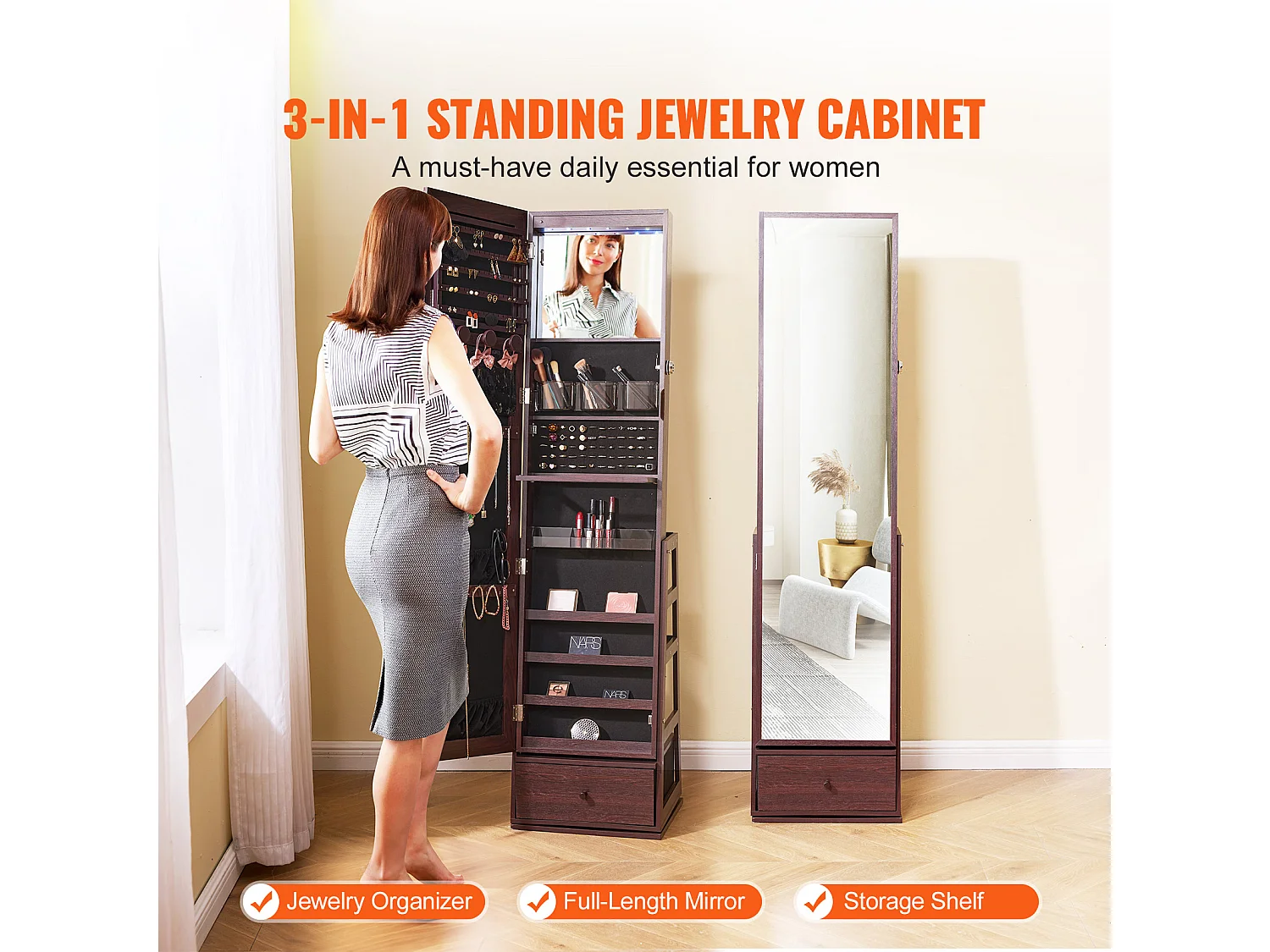 Armoire à Bijoux sur Pied Rotatif à 360° SucceBuy Rangement Marron, Verrouillable, Doublure en Velours, LED, Tiroir, Blanc, Organisateur Autonome