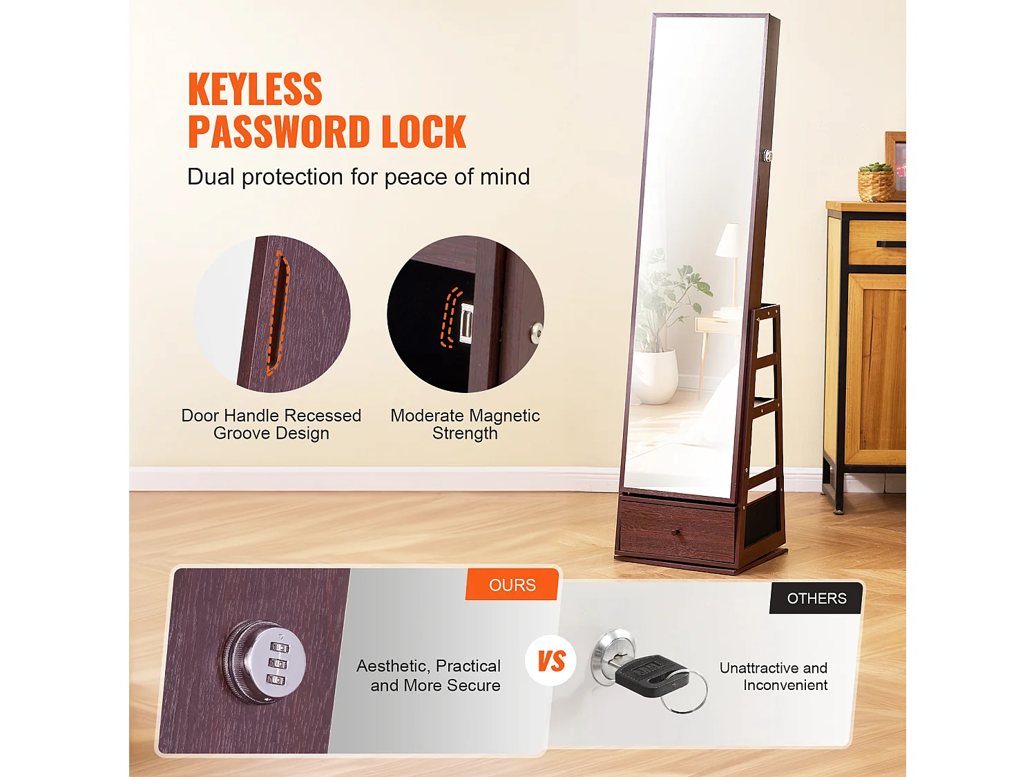 Armoire à Bijoux sur Pied Rotatif à 360° SucceBuy Rangement Marron, Verrouillable, Doublure en Velours, LED, Tiroir, Blanc, Organisateur Autonome