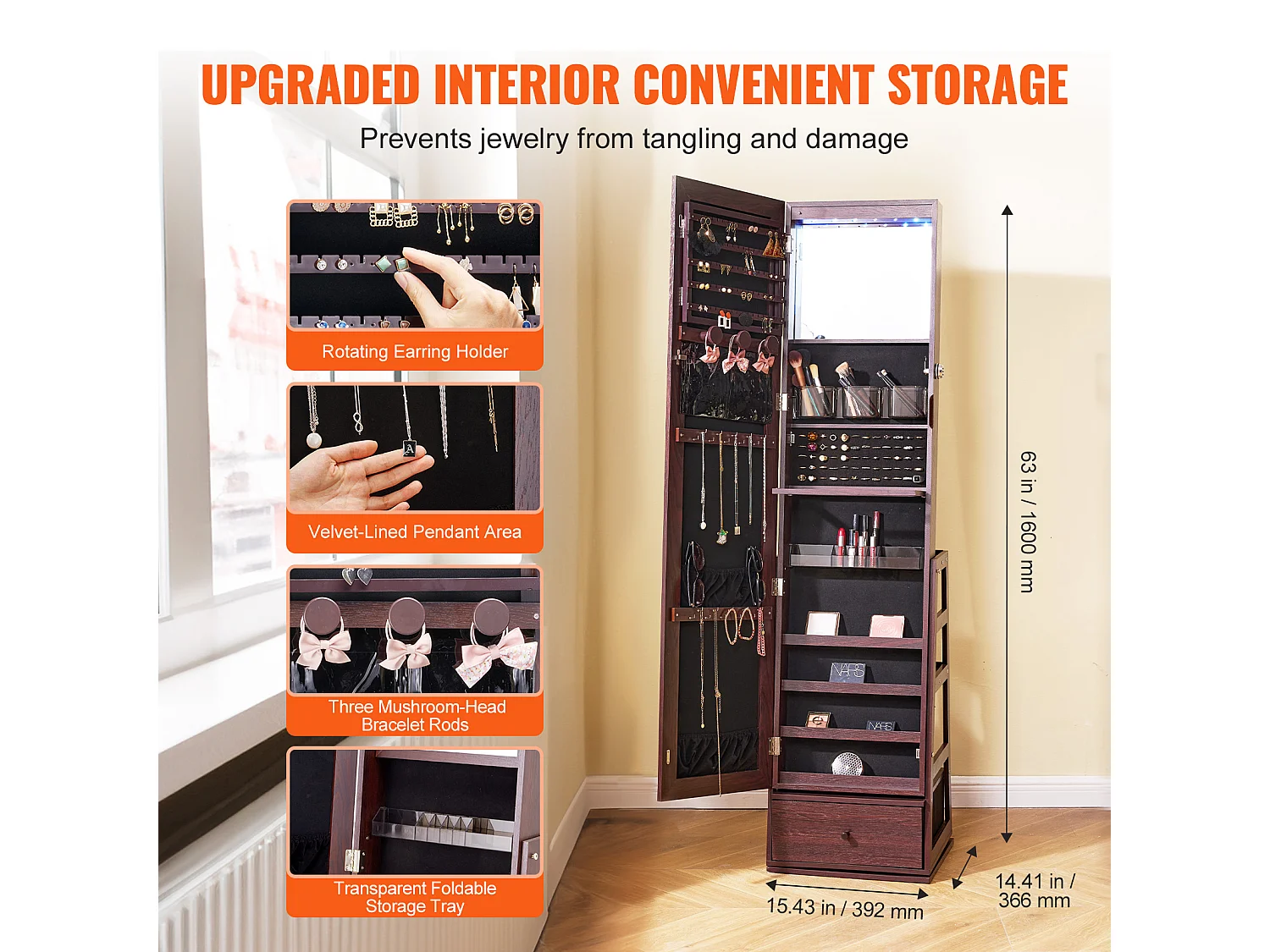 Armoire à Bijoux sur Pied Rotatif à 360° SucceBuy Rangement Marron, Verrouillable, Doublure en Velours, LED, Tiroir, Blanc, Organisateur Autonome