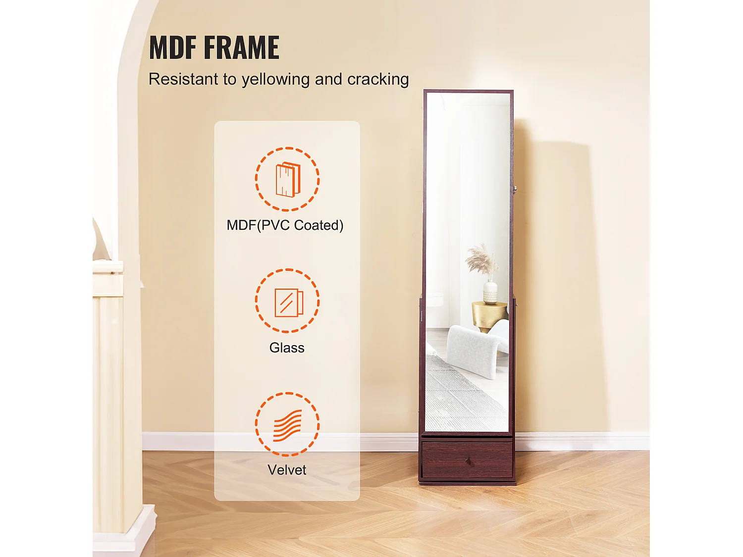 Armoire à Bijoux sur Pied Rotatif à 360° SucceBuy Rangement Marron, Verrouillable, Doublure en Velours, LED, Tiroir, Blanc, Organisateur Autonome