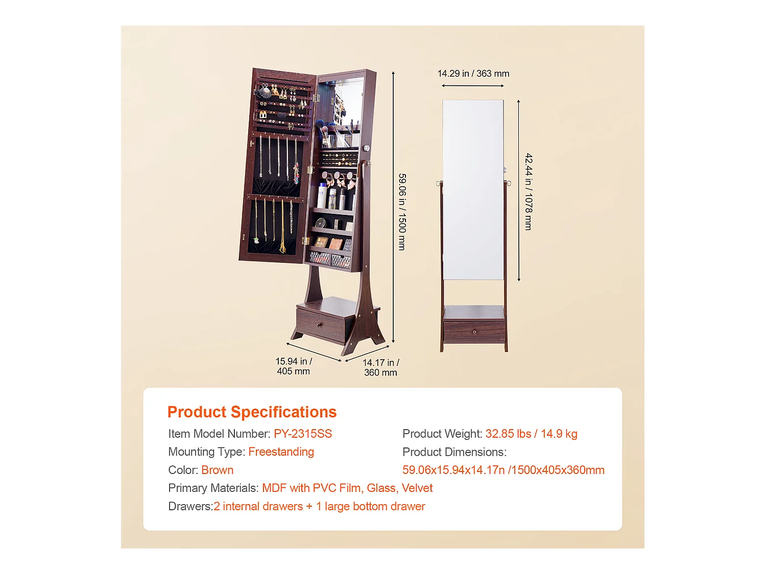 Armoire à Bijoux sur Pied SucceBuy Rangement Complet Marron, Doublure en Velours, LED, Tiroir, Longueur Totale, Brun, Organisateur Autonome