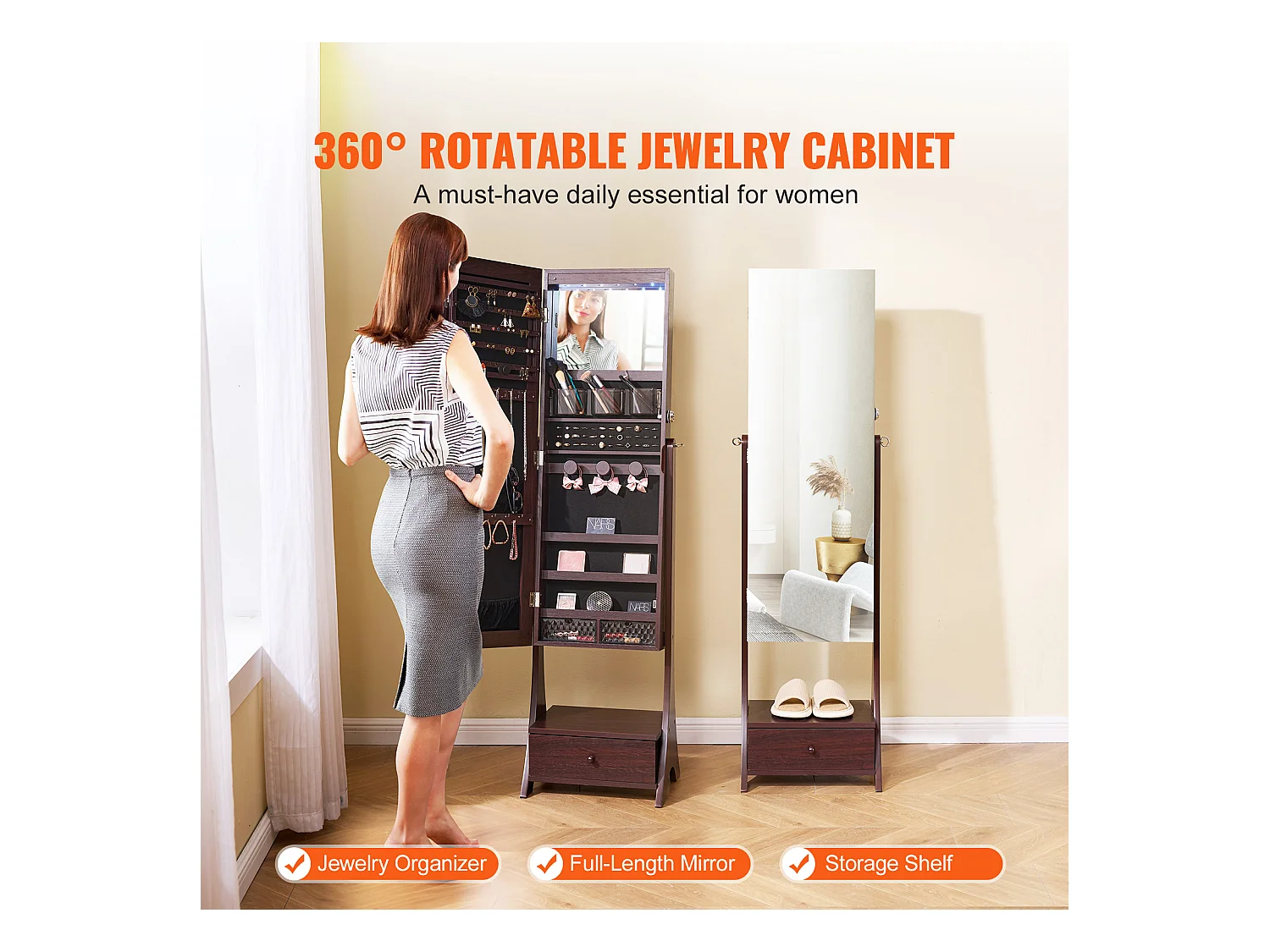 Armoire à Bijoux sur Pied SucceBuy Rangement Complet Marron, Doublure en Velours, LED, Tiroir, Longueur Totale, Brun, Organisateur Autonome