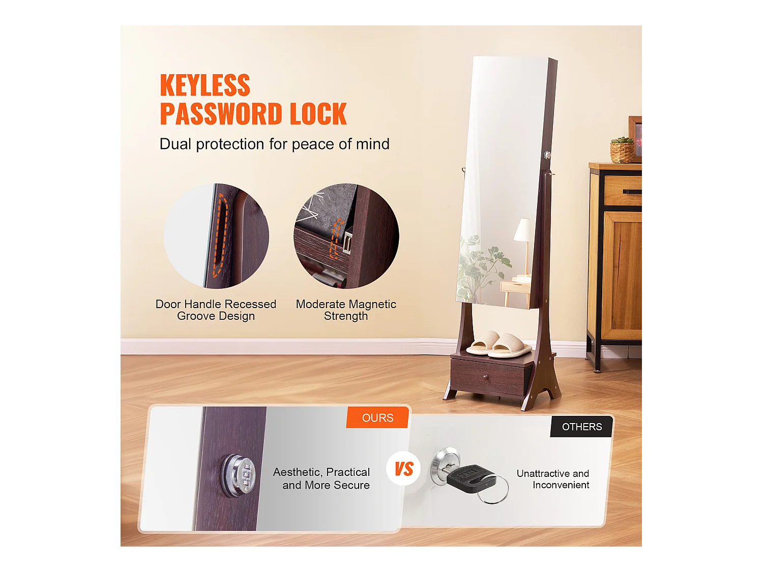 Armoire à Bijoux sur Pied SucceBuy Rangement Complet Marron, Doublure en Velours, LED, Tiroir, Longueur Totale, Brun, Organisateur Autonome