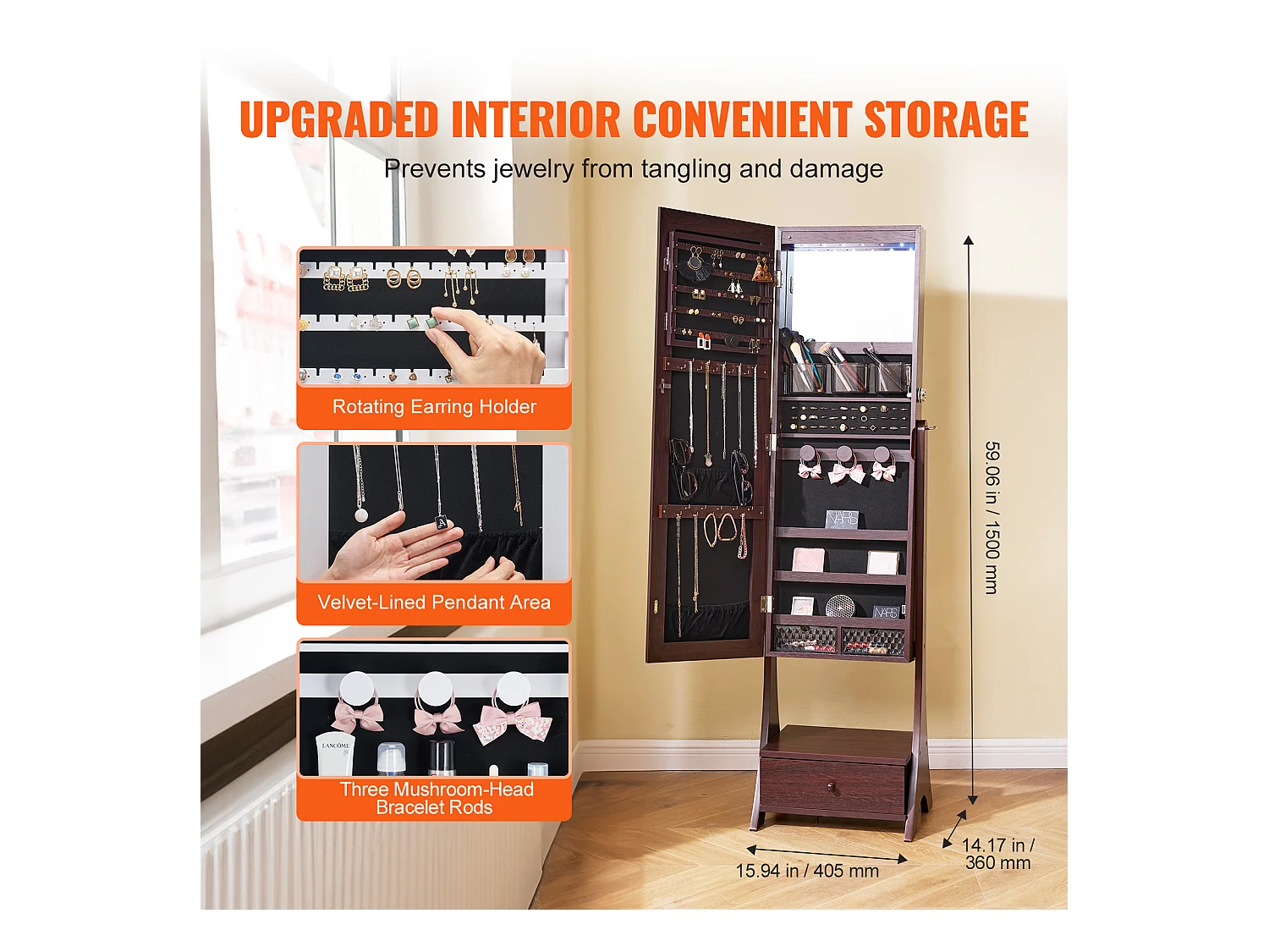 Armoire à Bijoux sur Pied SucceBuy Rangement Complet Marron, Doublure en Velours, LED, Tiroir, Longueur Totale, Brun, Organisateur Autonome