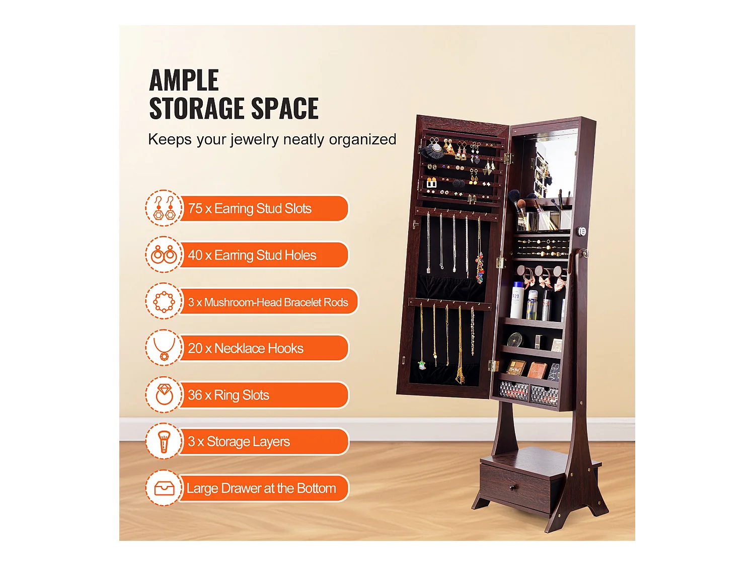 Armoire à Bijoux sur Pied SucceBuy Rangement Complet Marron, Doublure en Velours, LED, Tiroir, Longueur Totale, Brun, Organisateur Autonome