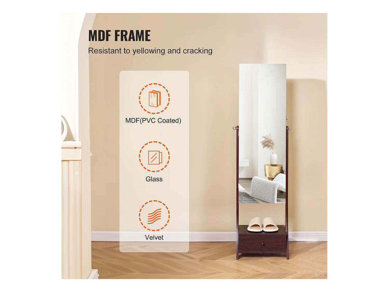 Armoire à Bijoux sur Pied SucceBuy Rangement Complet Marron, Doublure en Velours, LED, Tiroir, Longueur Totale, Brun, Organisateur Autonome