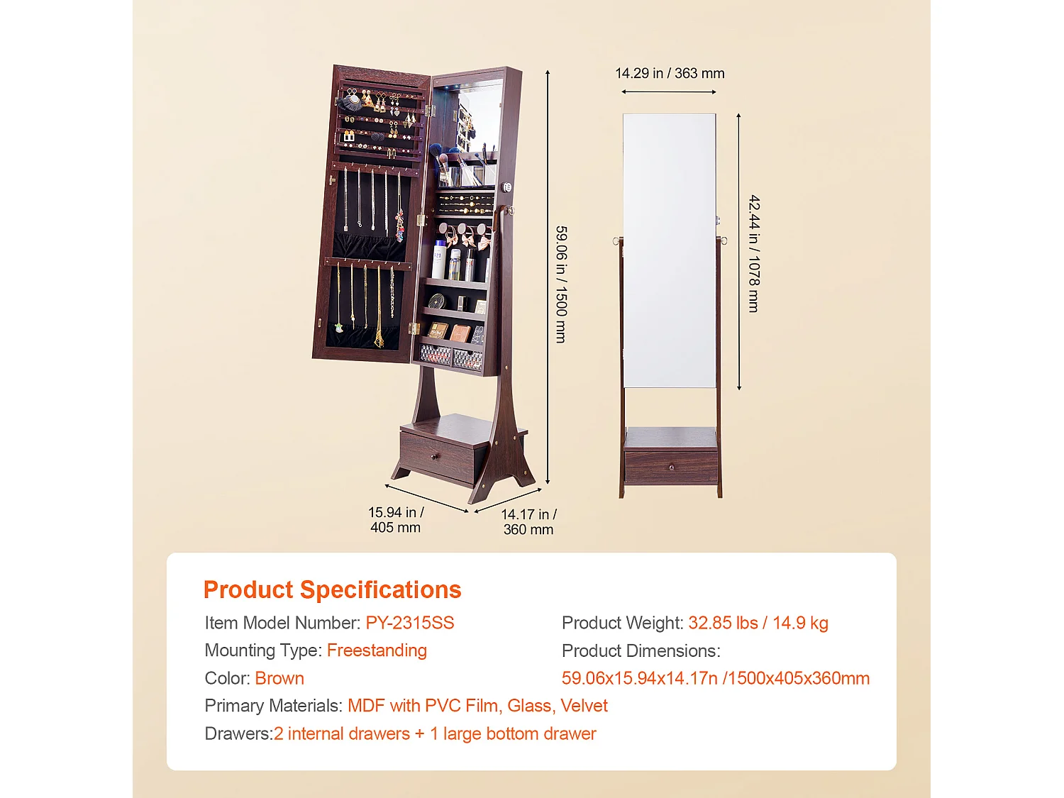 Armoire à Bijoux sur Pied SucceBuy Rangement Complet Marron, Doublure en Velours, LED, Tiroir, Longueur Totale, Brun, Organisateur Autonome