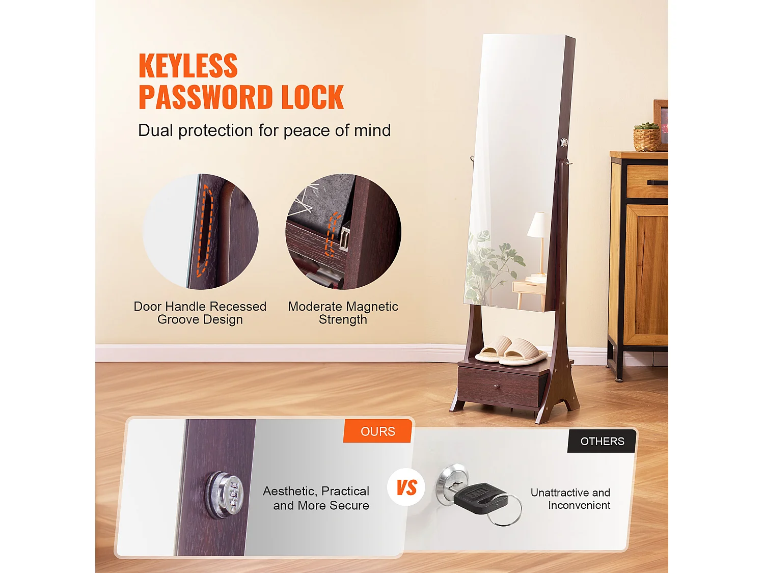 Armoire à Bijoux sur Pied SucceBuy Rangement Complet Marron, Doublure en Velours, LED, Tiroir, Longueur Totale, Brun, Organisateur Autonome