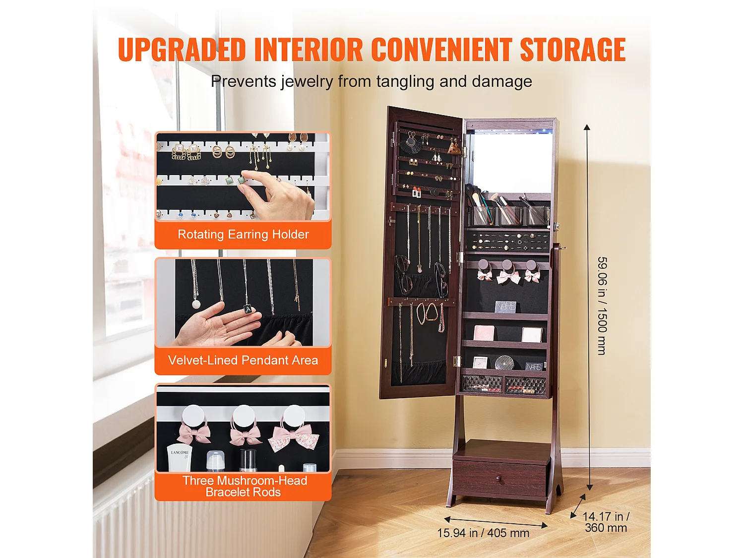 Armoire à Bijoux sur Pied SucceBuy Rangement Complet Marron, Doublure en Velours, LED, Tiroir, Longueur Totale, Brun, Organisateur Autonome