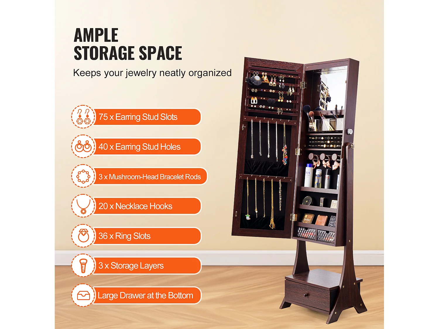 Armoire à Bijoux sur Pied SucceBuy Rangement Complet Marron, Doublure en Velours, LED, Tiroir, Longueur Totale, Brun, Organisateur Autonome