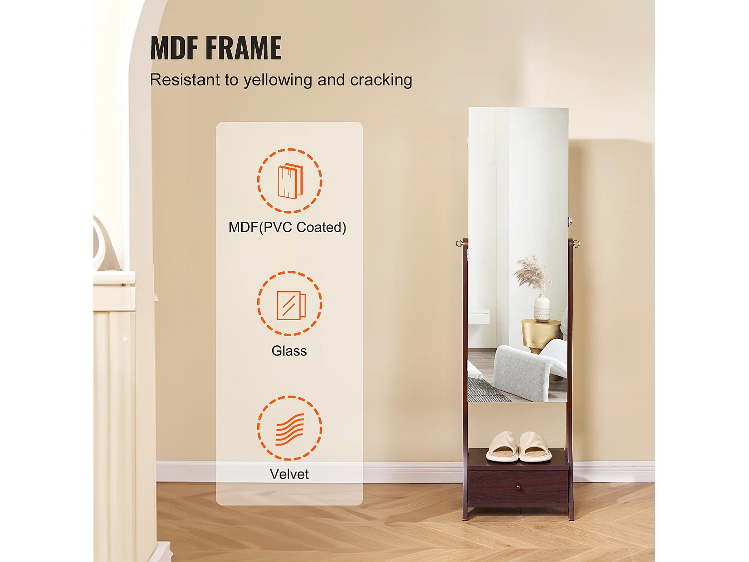 Armoire à Bijoux sur Pied SucceBuy Rangement Complet Marron, Doublure en Velours, LED, Tiroir, Longueur Totale, Brun, Organisateur Autonome