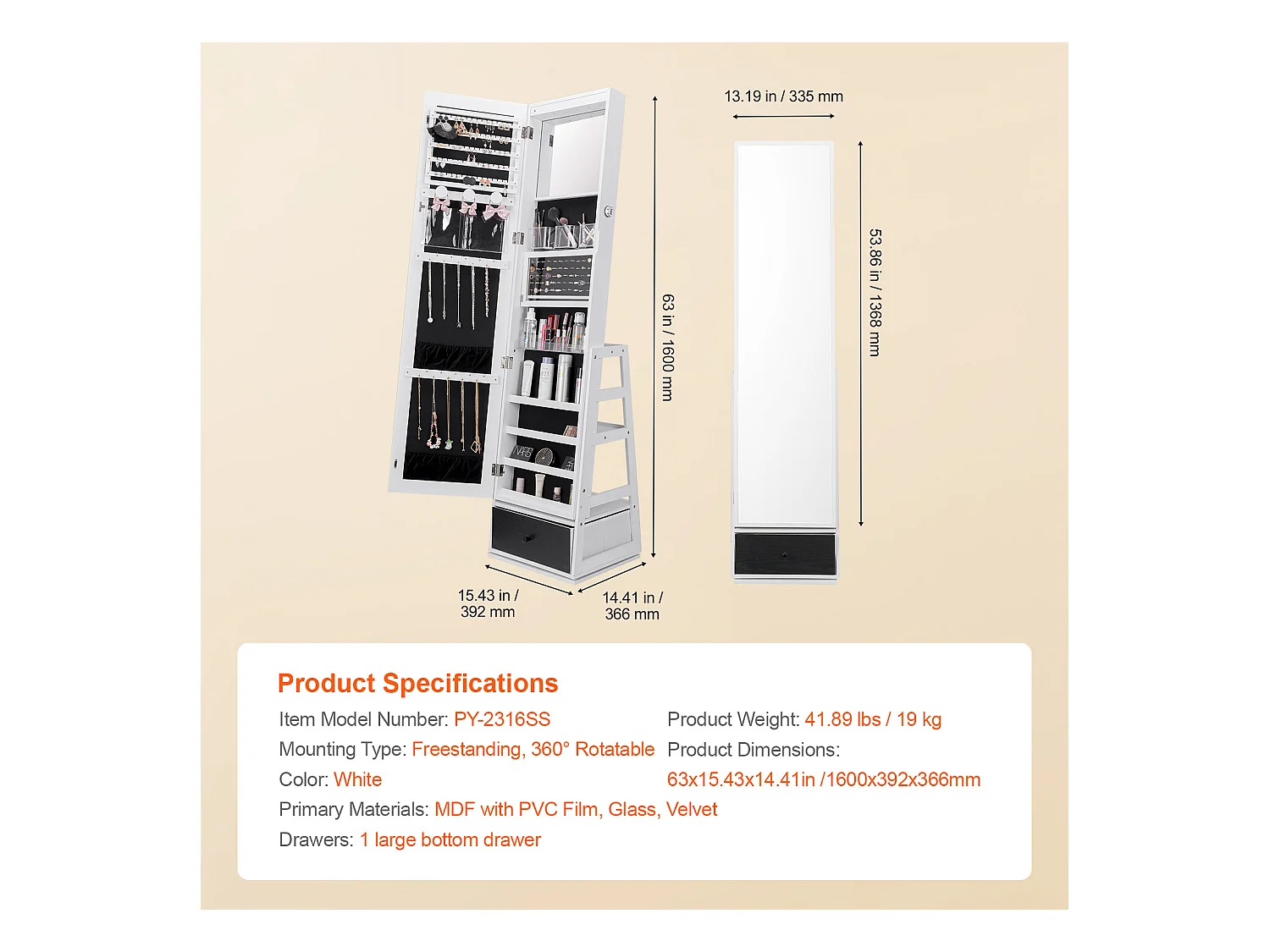 Armoire à Bijoux SucceBuy Miroir sur Pied Rotatif à 360° Rangement Blanc, Doublure en Velours, LED, Tiroir, Verrouillable, Organisateur de Rangement