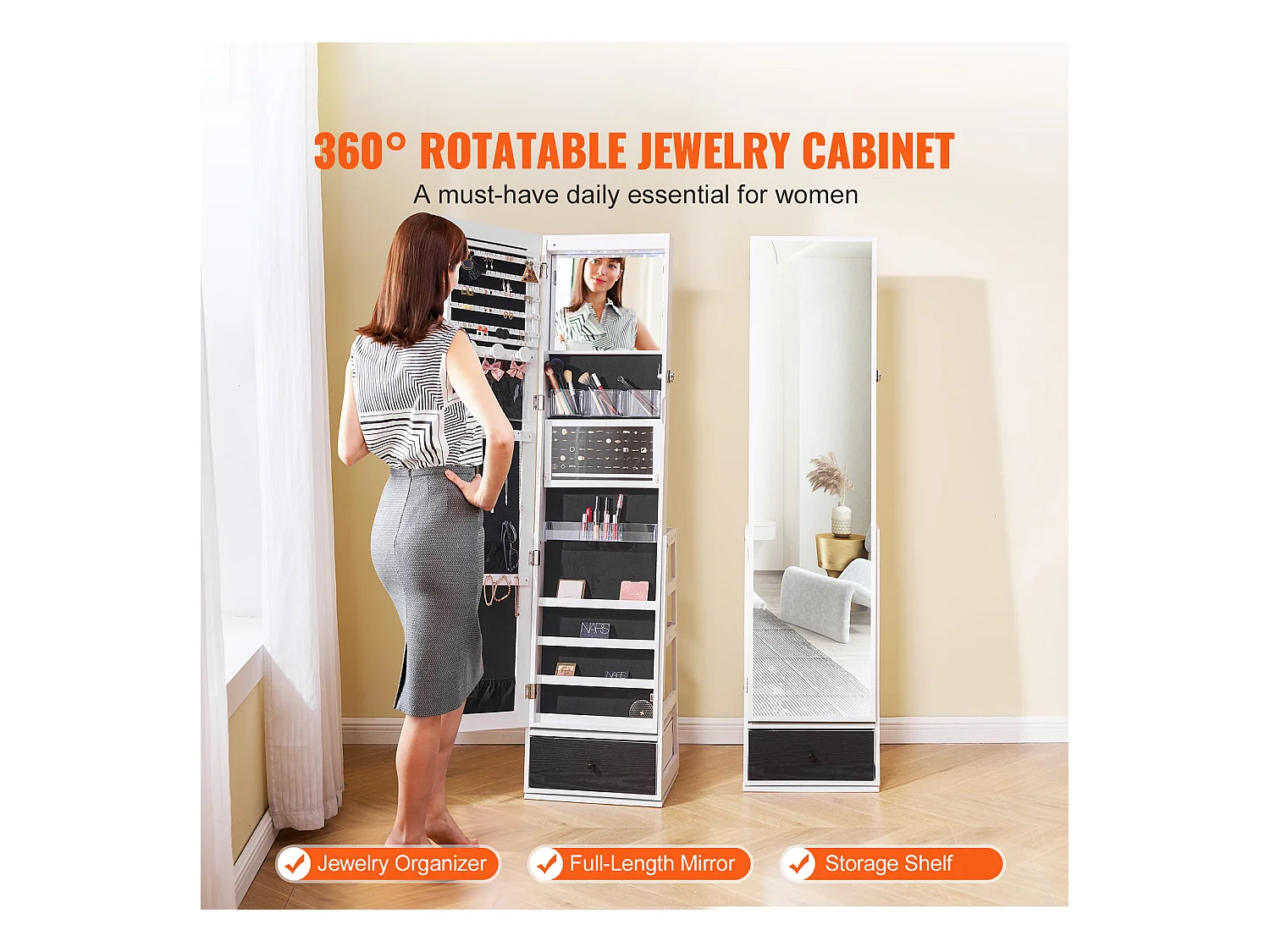 Armoire à Bijoux SucceBuy Miroir sur Pied Rotatif à 360° Rangement Blanc, Doublure en Velours, LED, Tiroir, Verrouillable, Organisateur de Rangement