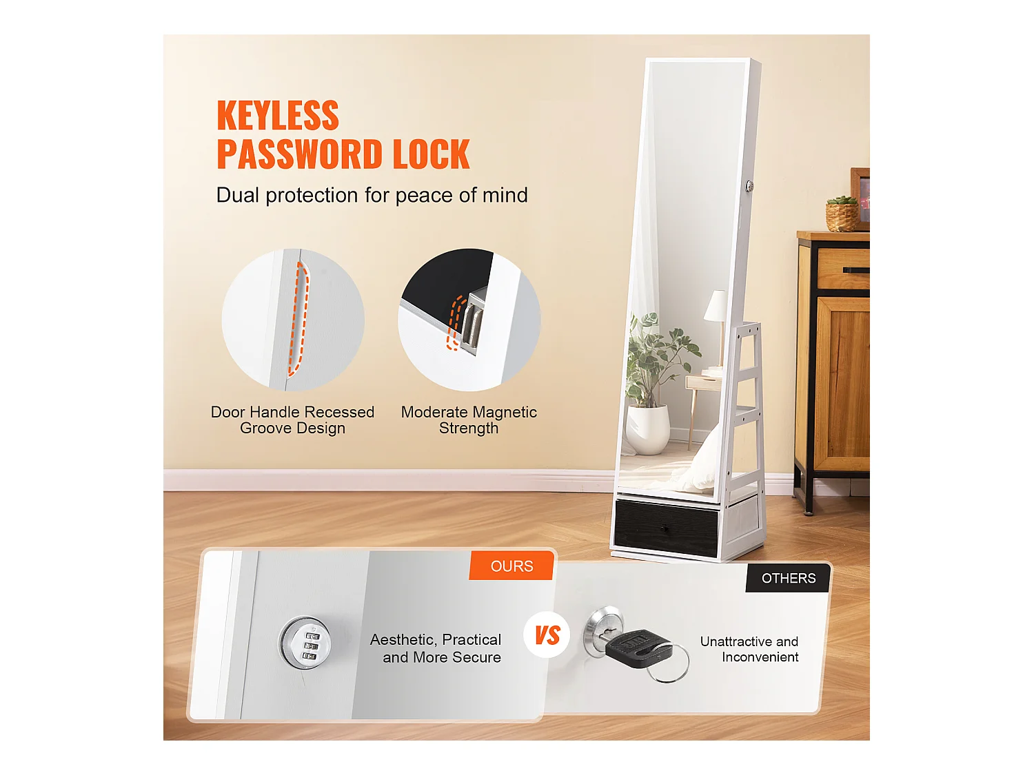 Armoire à Bijoux SucceBuy Miroir sur Pied Rotatif à 360° Rangement Blanc, Doublure en Velours, LED, Tiroir, Verrouillable, Organisateur de Rangement