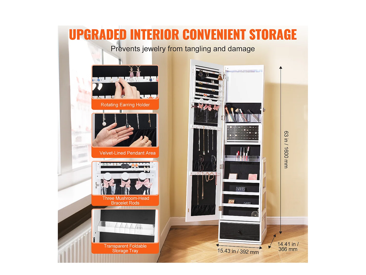 Armoire à Bijoux SucceBuy Miroir sur Pied Rotatif à 360° Rangement Blanc, Doublure en Velours, LED, Tiroir, Verrouillable, Organisateur de Rangement