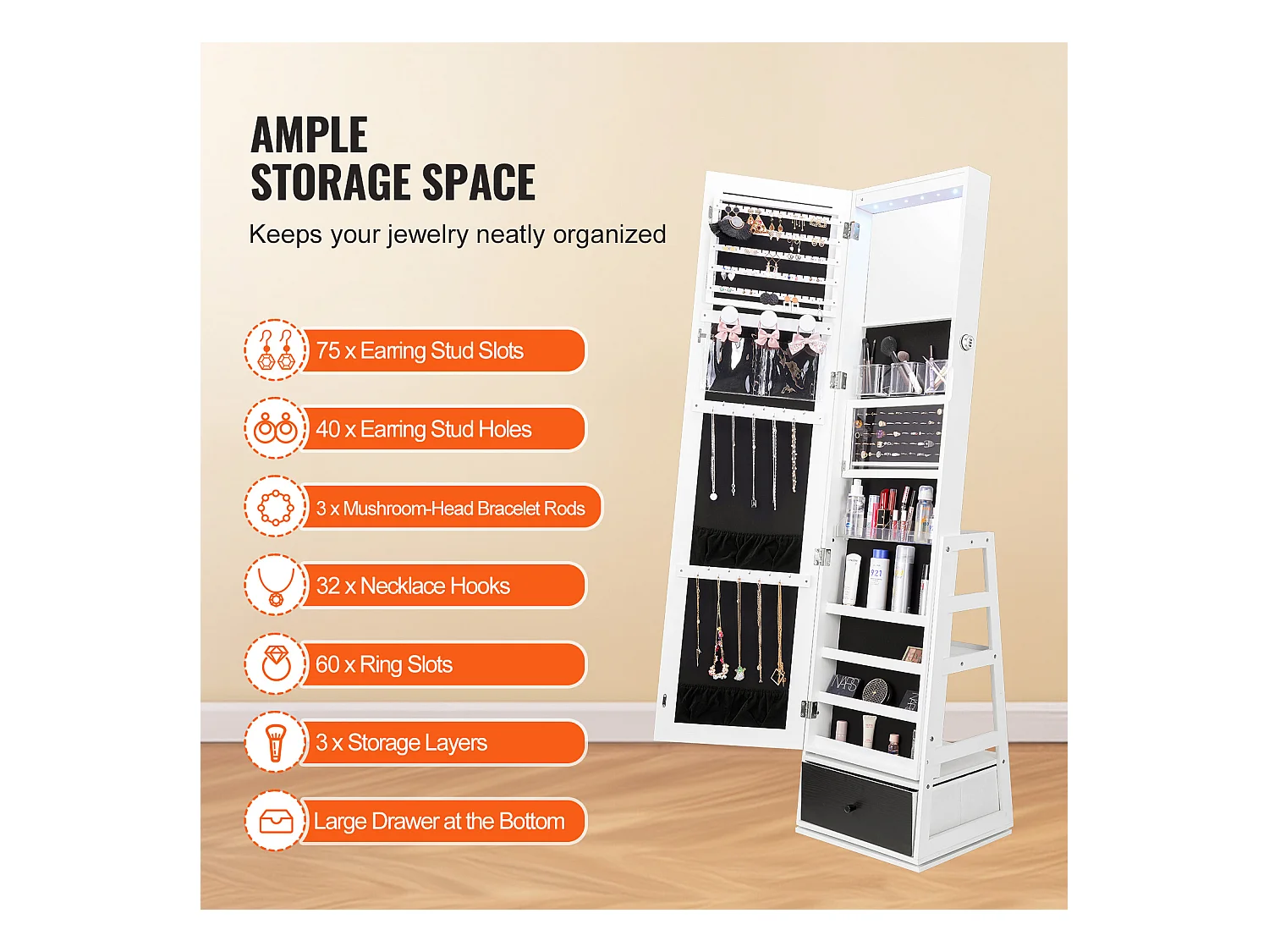 Armoire à Bijoux SucceBuy Miroir sur Pied Rotatif à 360° Rangement Blanc, Doublure en Velours, LED, Tiroir, Verrouillable, Organisateur de Rangement