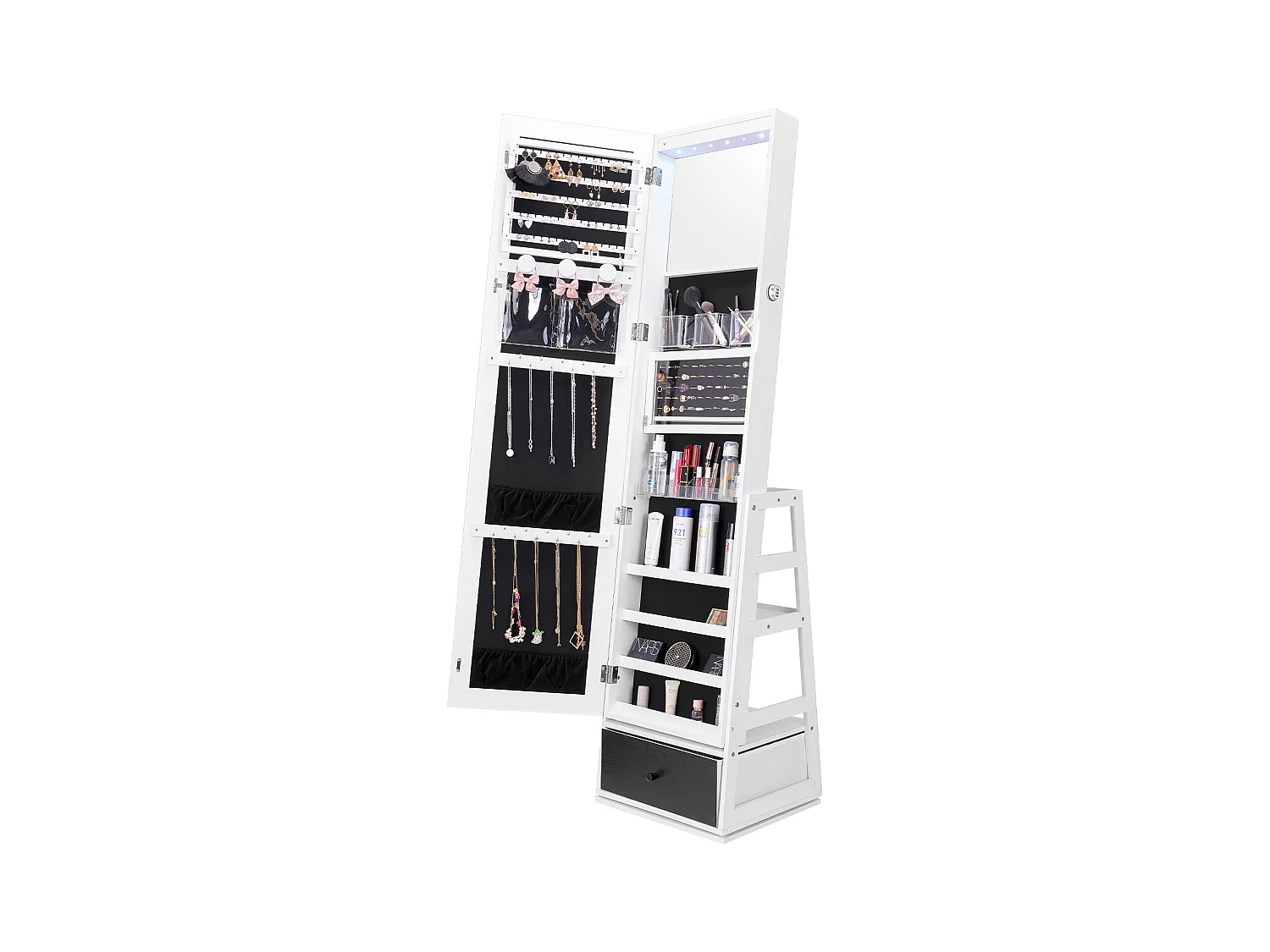 Armoire à Bijoux SucceBuy Miroir sur Pied Rotatif à 360° Rangement Blanc, Doublure en Velours, LED, Tiroir, Verrouillable, Organisateur de Rangement