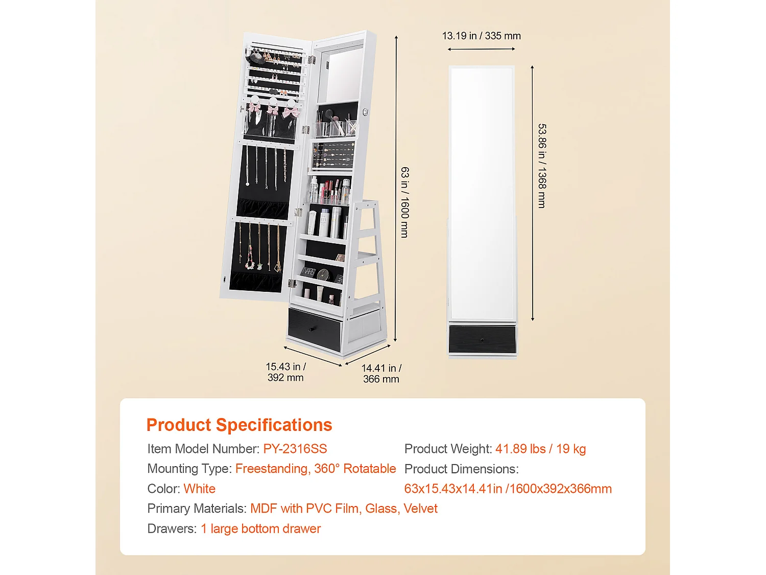 Armoire à Bijoux SucceBuy Miroir sur Pied Rotatif à 360° Rangement Blanc, Doublure en Velours, LED, Tiroir, Verrouillable, Organisateur de Rangement