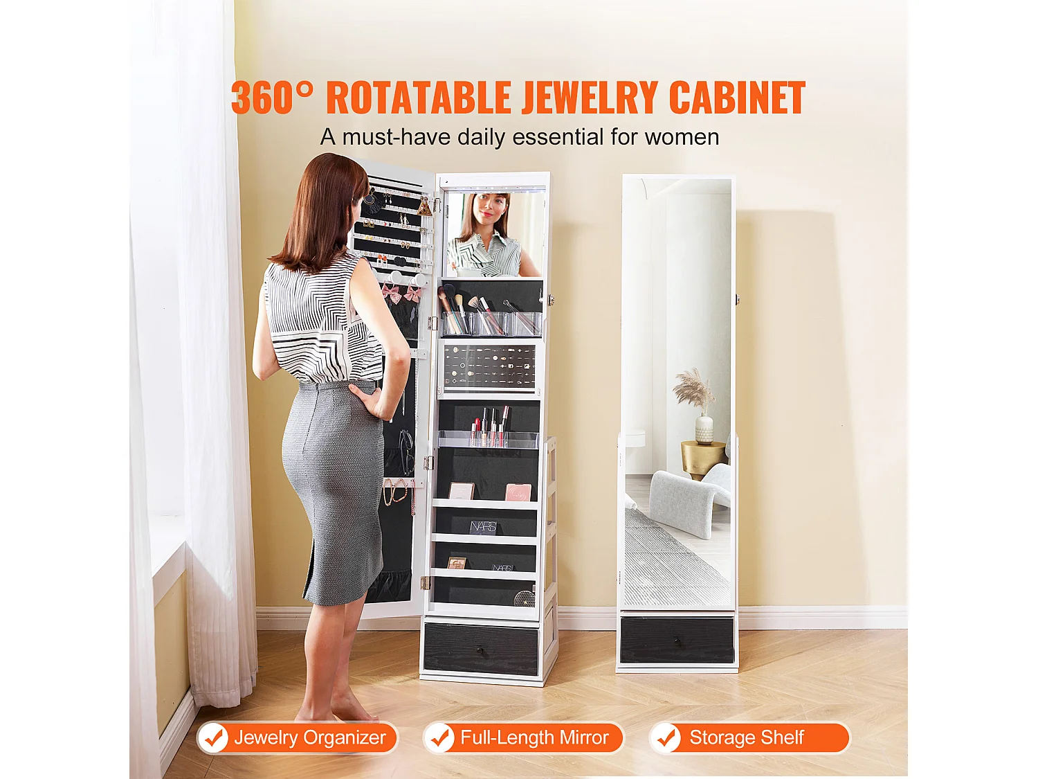 Armoire à Bijoux SucceBuy Miroir sur Pied Rotatif à 360° Rangement Blanc, Doublure en Velours, LED, Tiroir, Verrouillable, Organisateur de Rangement