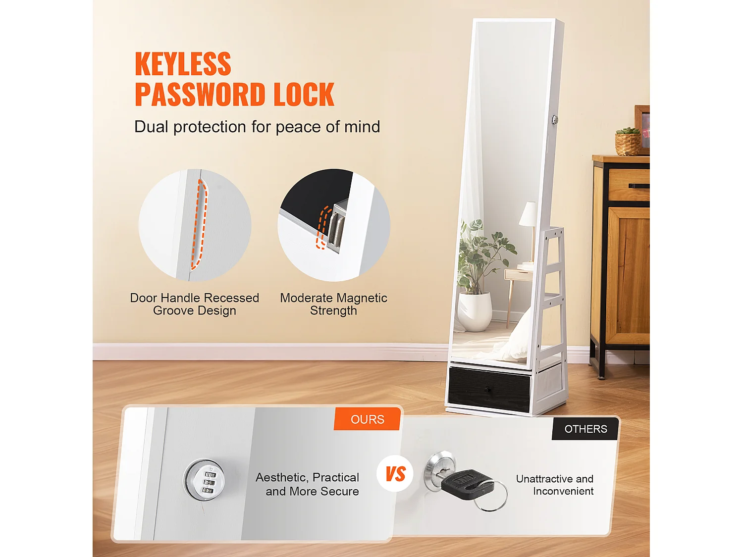 Armoire à Bijoux SucceBuy Miroir sur Pied Rotatif à 360° Rangement Blanc, Doublure en Velours, LED, Tiroir, Verrouillable, Organisateur de Rangement