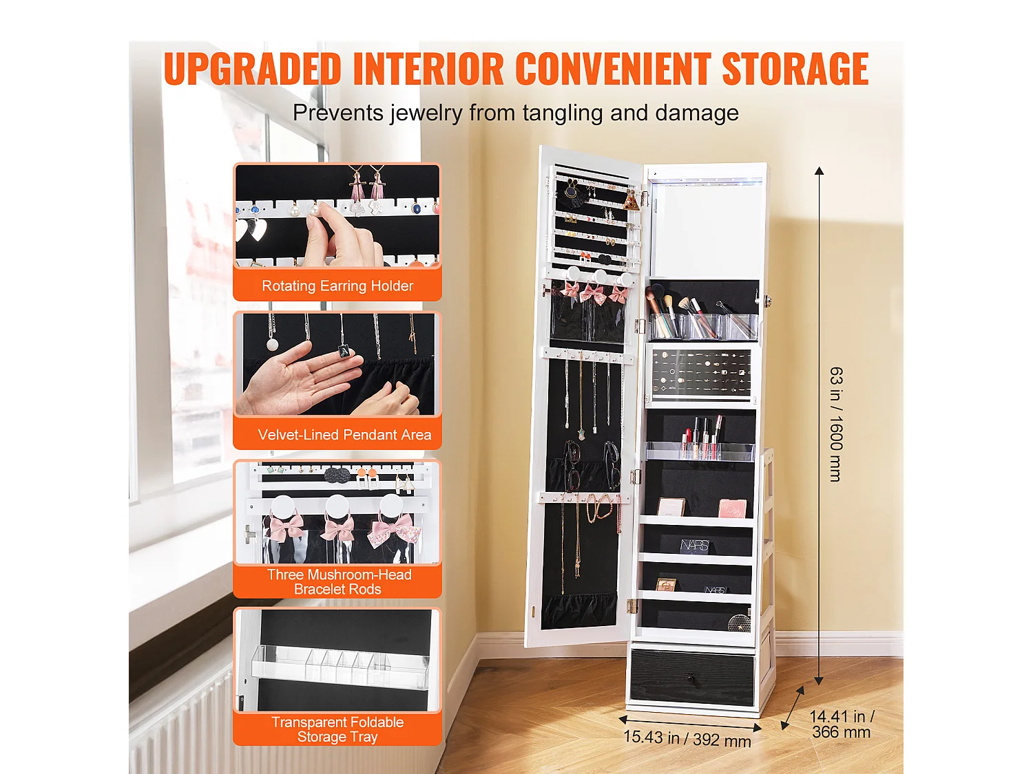 Armoire à Bijoux SucceBuy Miroir sur Pied Rotatif à 360° Rangement Blanc, Doublure en Velours, LED, Tiroir, Verrouillable, Organisateur de Rangement