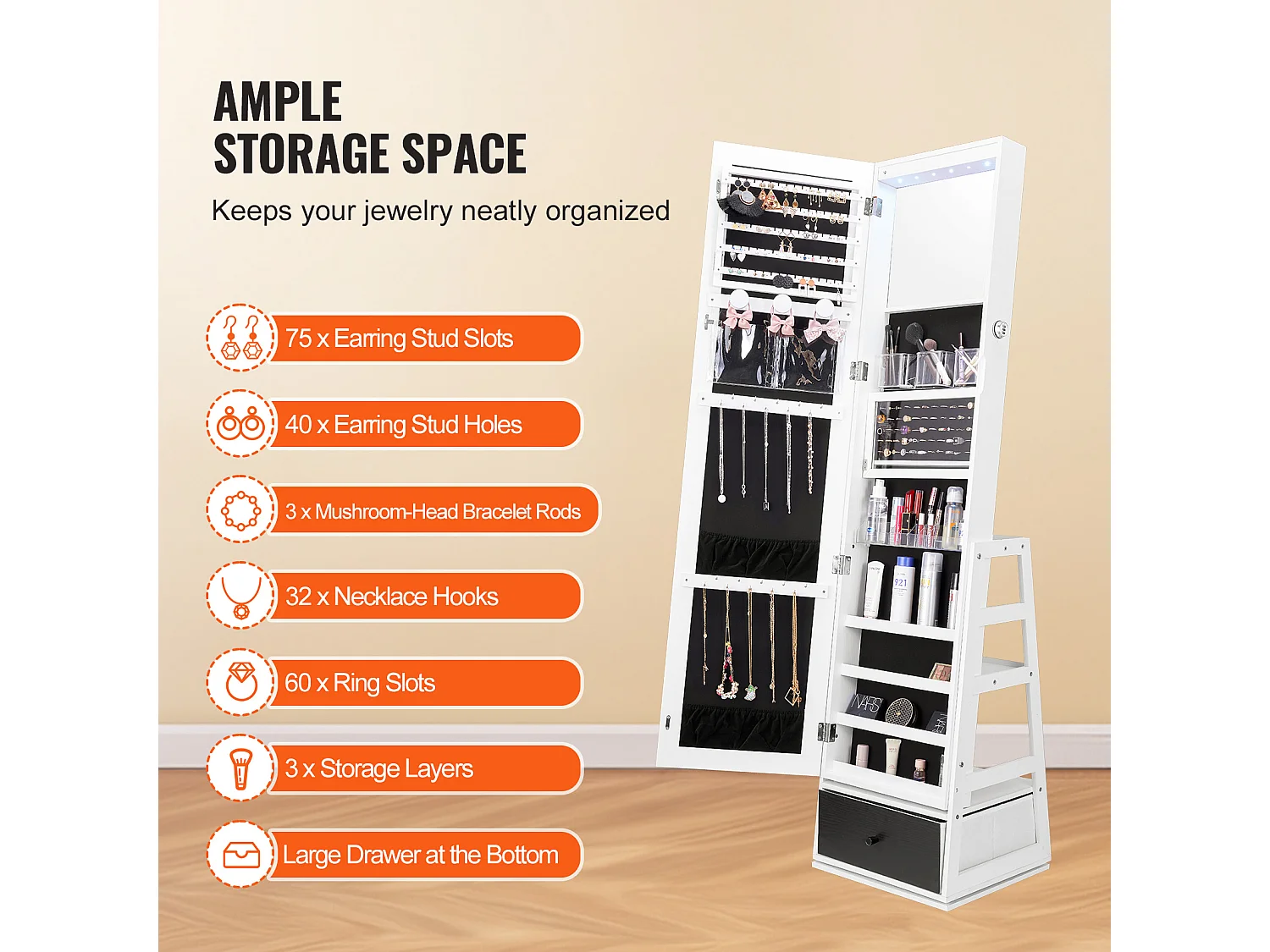 Armoire à Bijoux SucceBuy Miroir sur Pied Rotatif à 360° Rangement Blanc, Doublure en Velours, LED, Tiroir, Verrouillable, Organisateur de Rangement