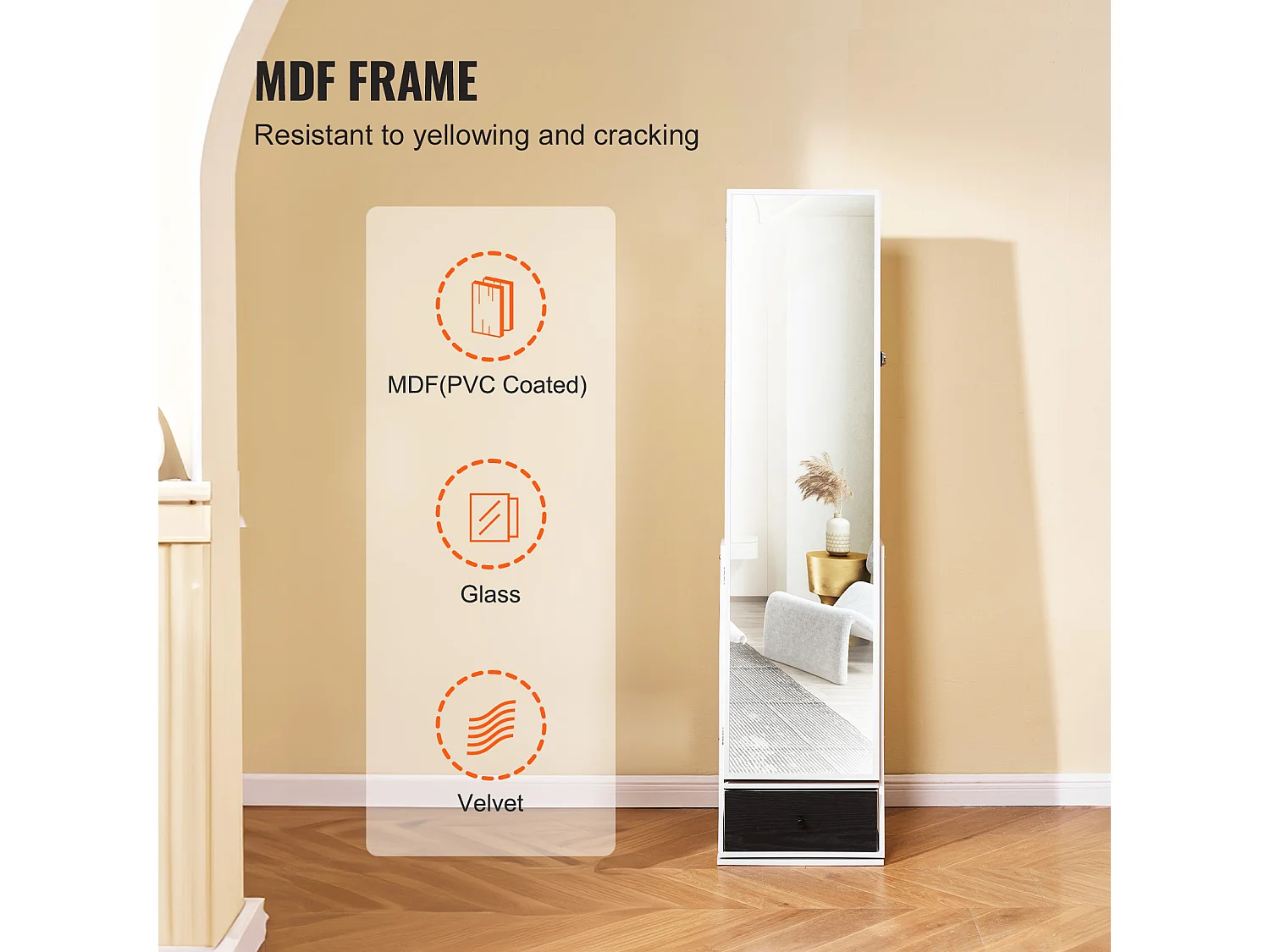 Armoire à Bijoux SucceBuy Miroir sur Pied Rotatif à 360° Rangement Blanc, Doublure en Velours, LED, Tiroir, Verrouillable, Organisateur de Rangement