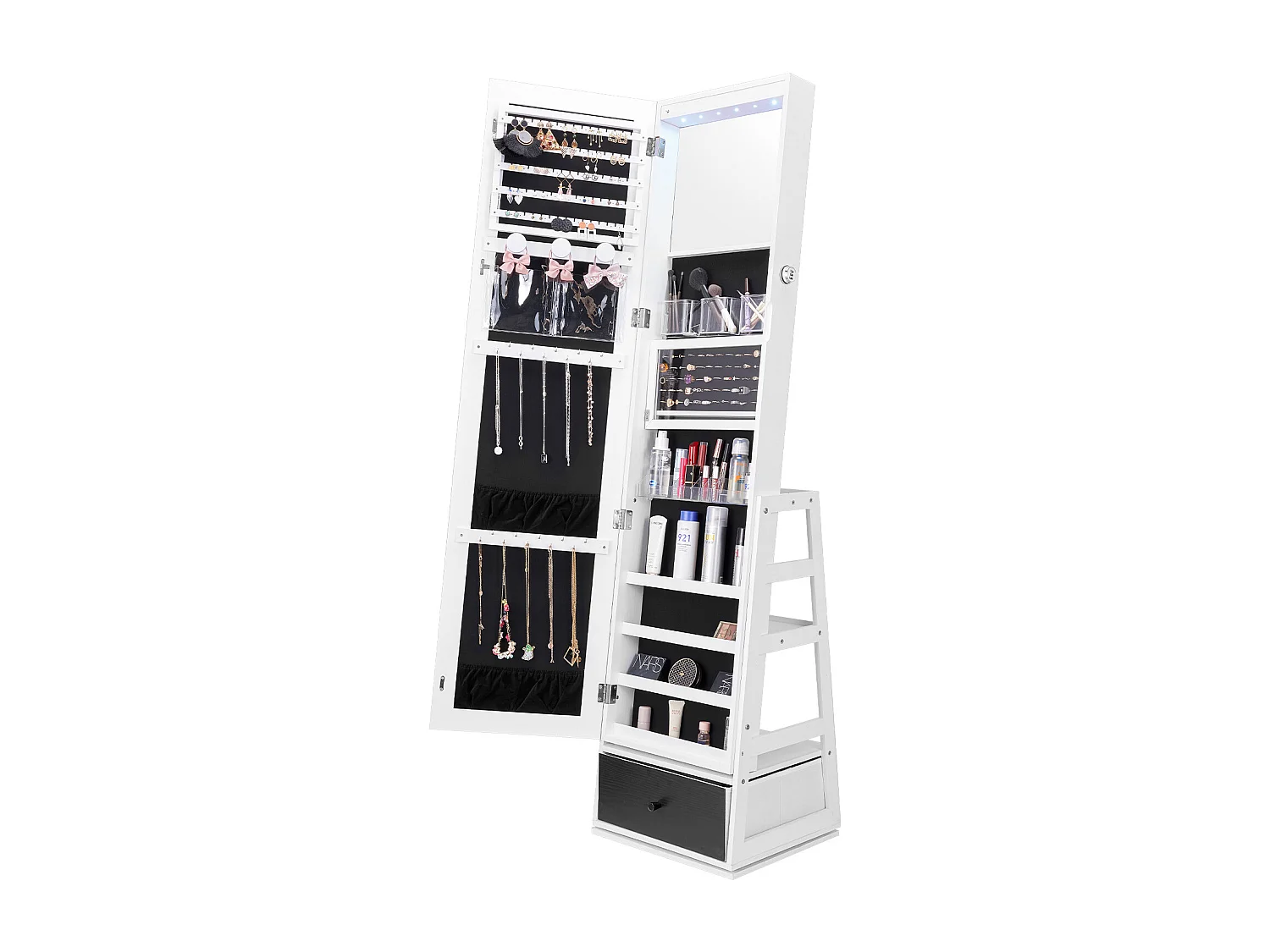 Armoire à Bijoux SucceBuy Miroir sur Pied Rotatif à 360° Rangement Blanc, Doublure en Velours, LED, Tiroir, Verrouillable, Organisateur de Rangement
